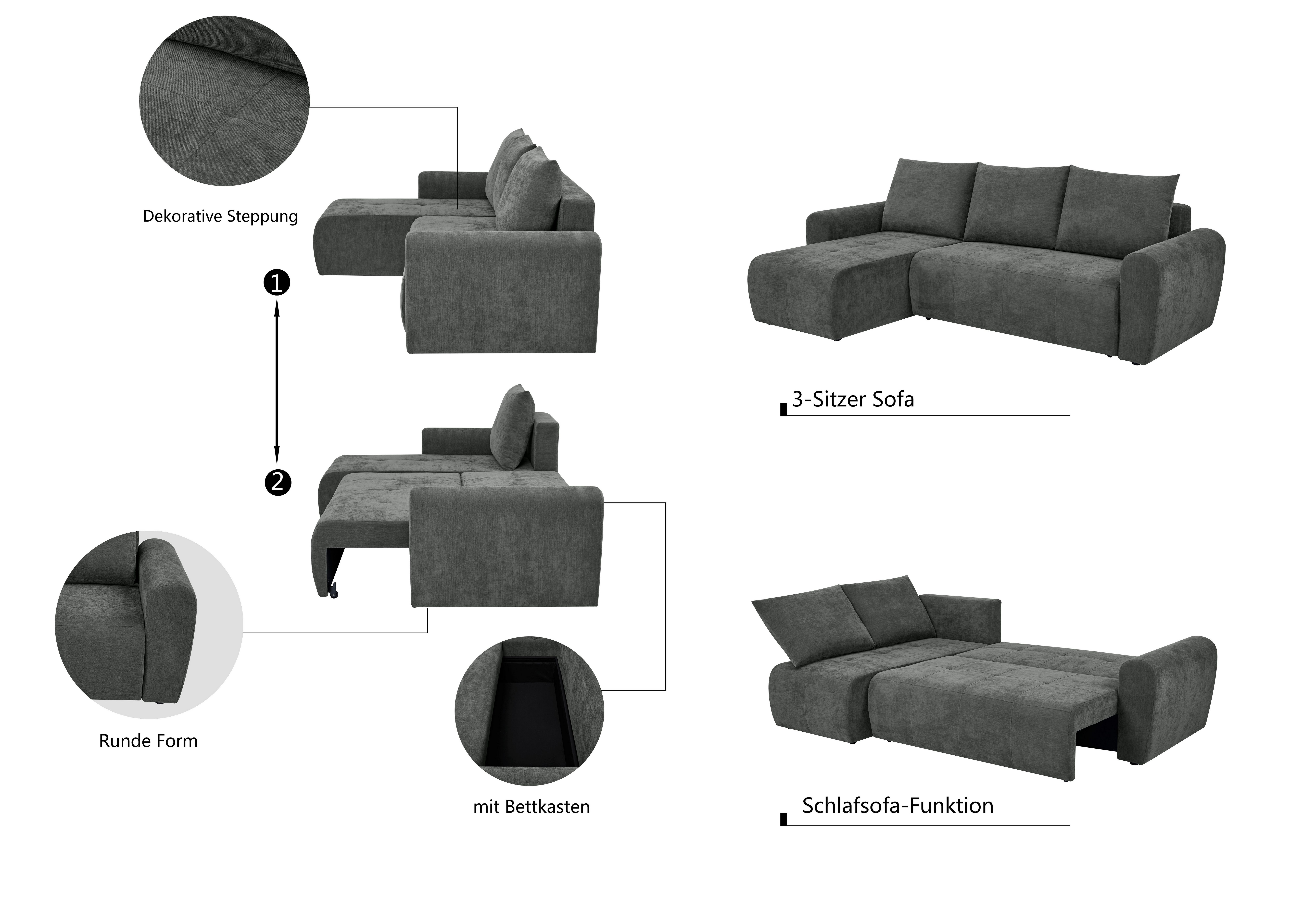 Home affaire Ecksofa Nortrud-Chester, 241 cm, L-Form, mit Schlaffunktion u. Bettkasten, Recamiere rechts / links montierbar, Steppung, Feinstruktur-Bezug