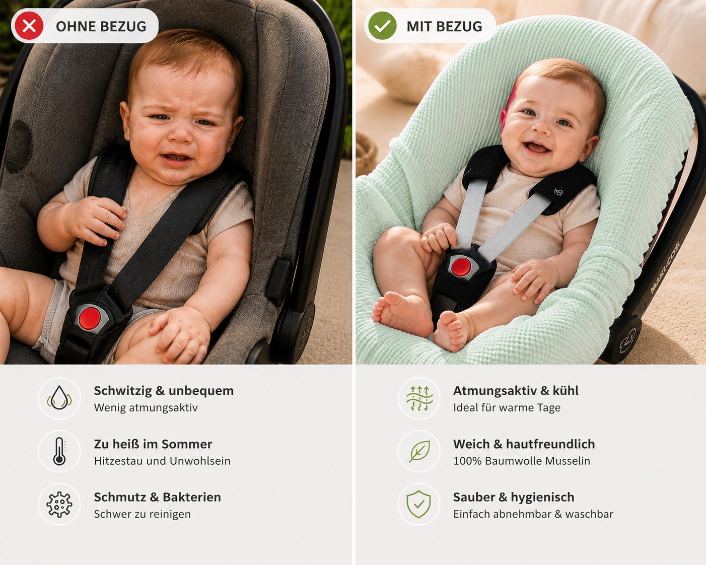 BABEES Kindersitzbezug BEZUG Babyschale Sommer Sommerbezug 100% Musselin Baumwolle, Universal Schonbezug Babyschalenbezug 3-Punkt Gurt