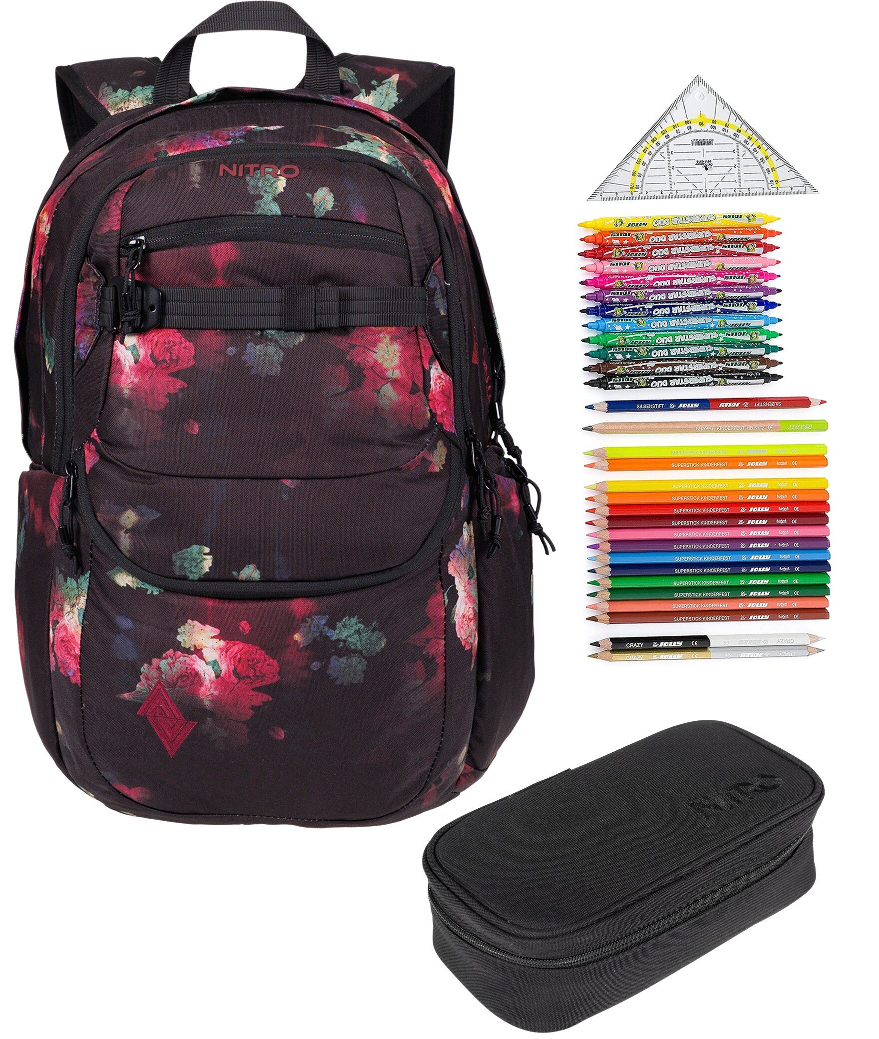NITRO Schulrucksack NITRO Schulrucksack Jungen Mädchen Future Hero Rucksack (3 Teile Set, inkl. Mäppchen Box, inkl. Mäppchen Füllung 31 Teile), Schulmappe Laptopfach 2 Hauptfächer Daypack Auswahl rmv