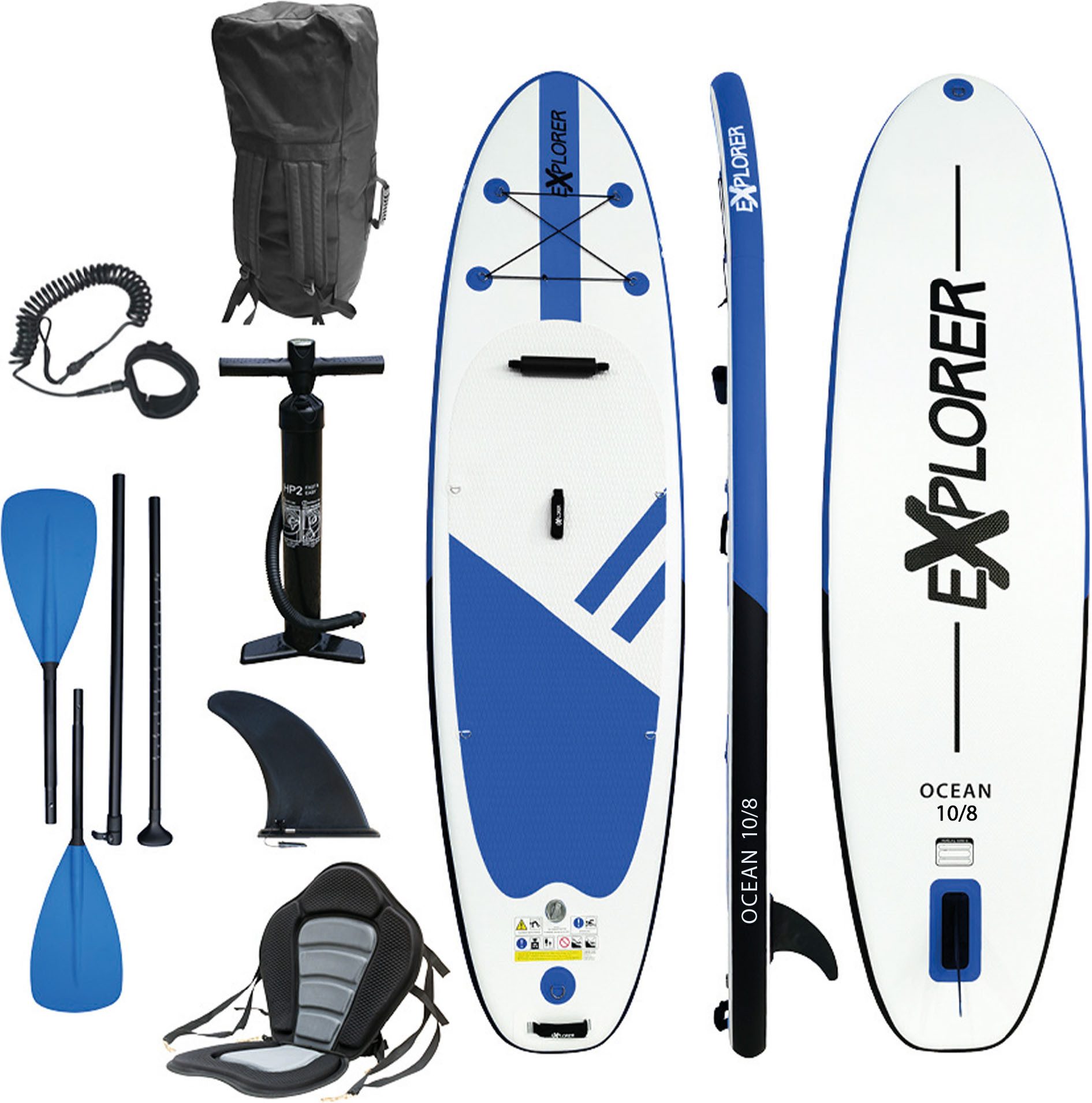 EXPLORER SUP-Board Ocean 10‘8“ Aufblasbares Stand Up Paddle Set (325x84x15cm), (Set, 8 tlg., incl. Zubehör, Kajaksitz, Fußschlaufe)