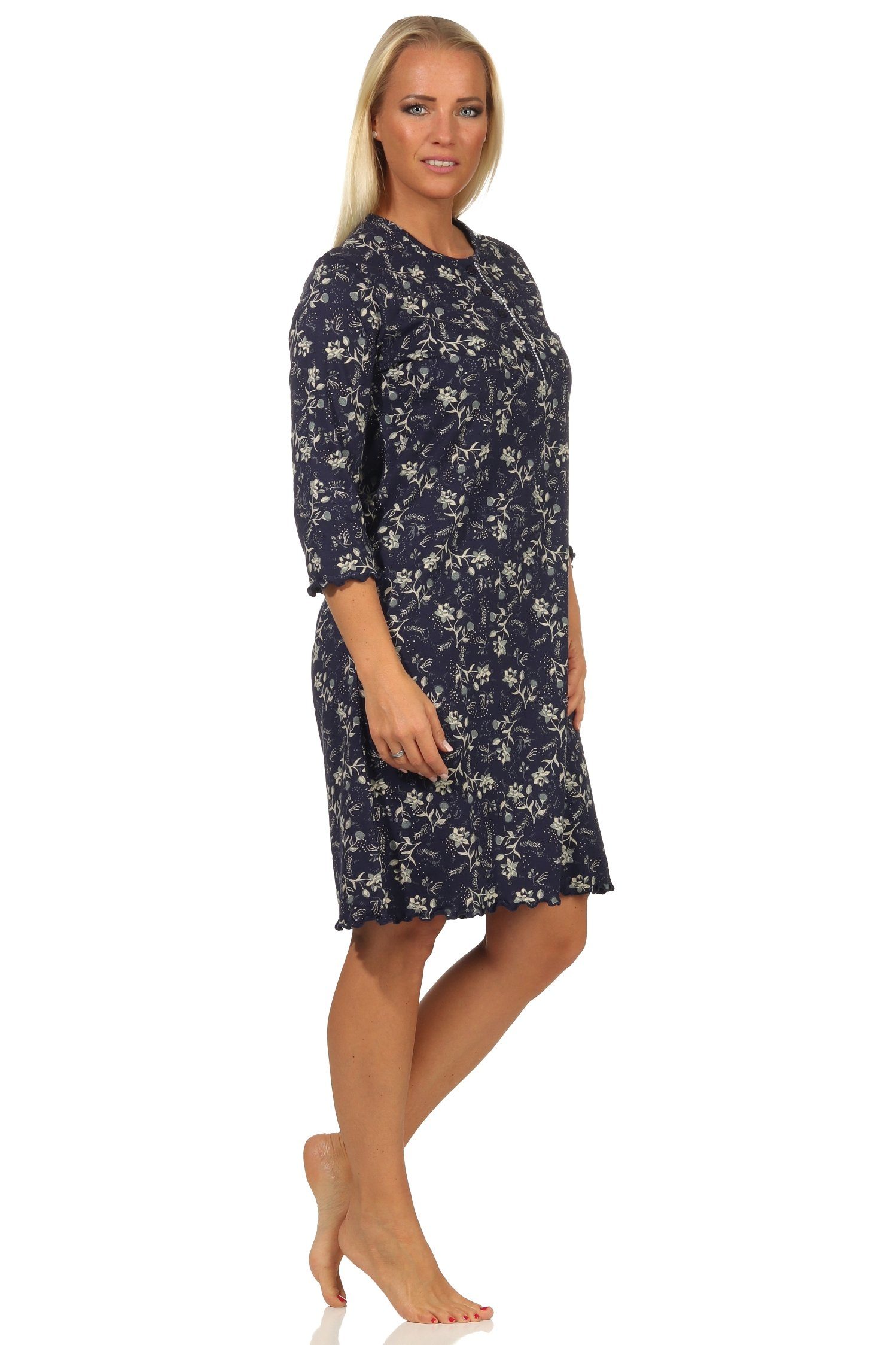 Normann Nachthemd Damen Nachthemd mit Optik marine am floraler Hals in Knopfleiste