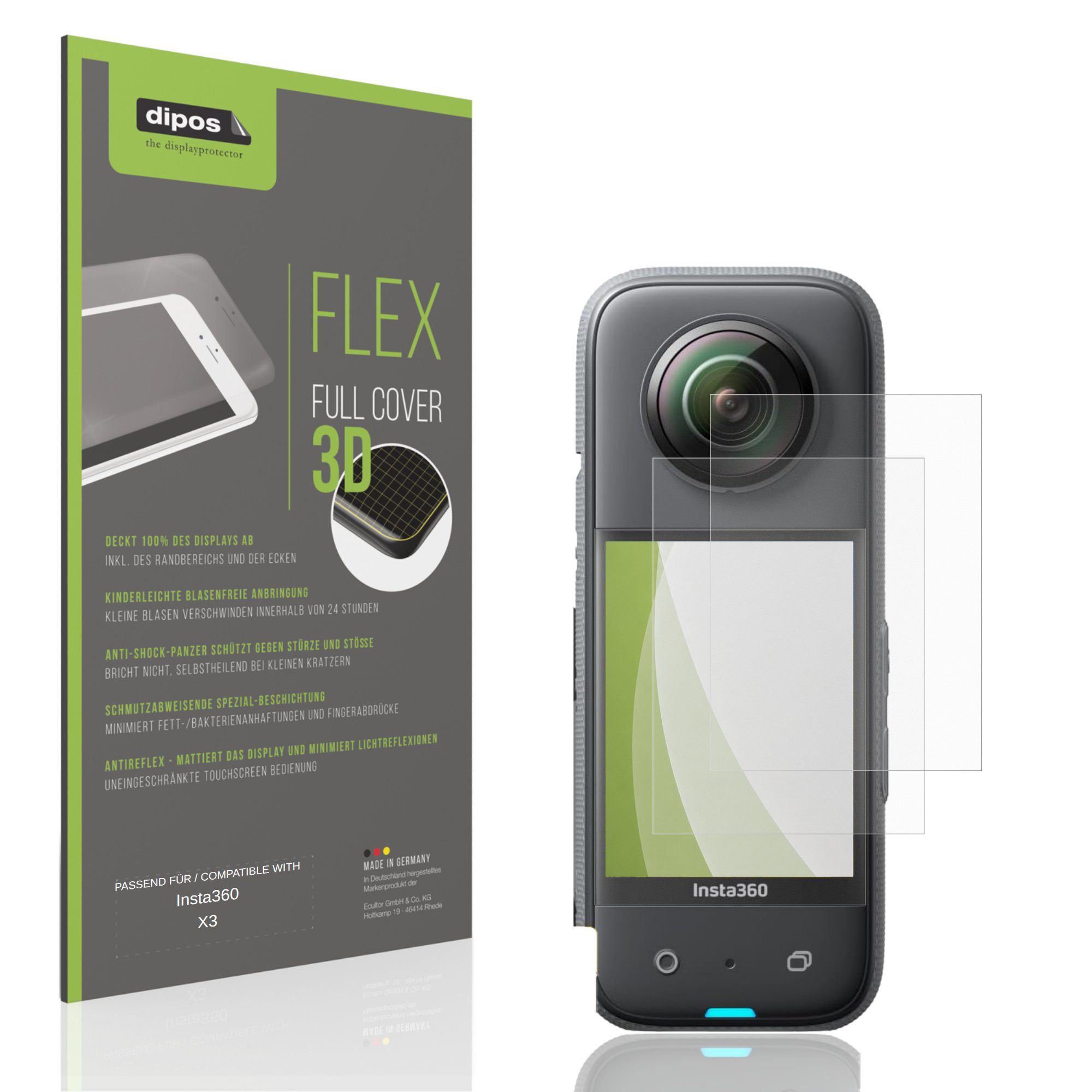 dipos Displayschutzfolie Schutzfolie für Insta360 X3, 2 Stück, Displayschutz Schutz Folie Made in Germany