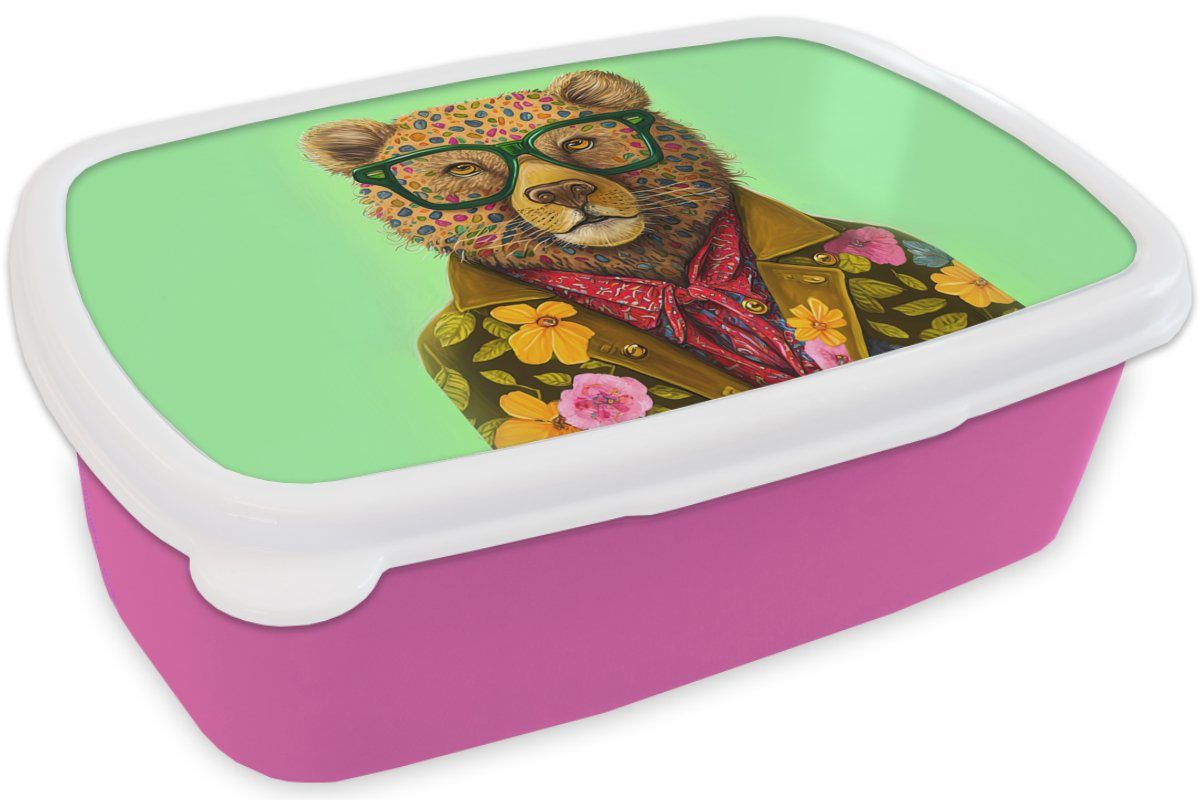 Kunststoff, Snackbox, Brillen Brotbox - Lunchbox MuchoWow Mädchen, (2-tlg), Erwachsene, - Farben rosa Brotdose Kunststoff - für Kinder, Blumen, - Tier Bär