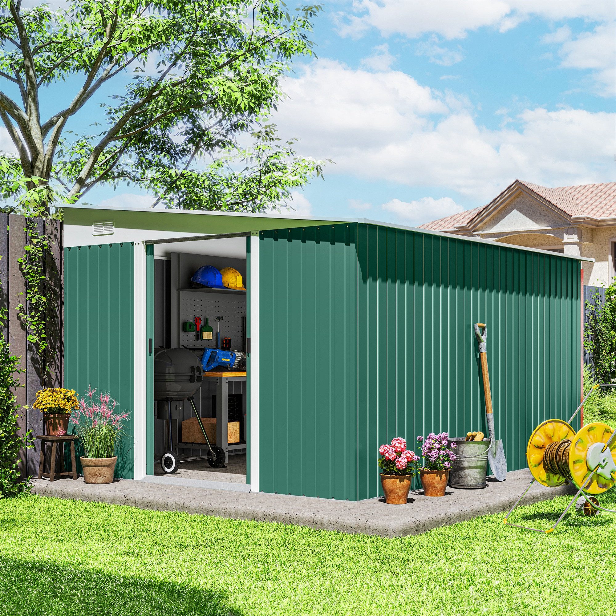 Outsunny Gerätehaus Metall Geräteschuppen mit Pultdach Schiebetür wetterfest 19,4m³, BxT: 280x345 cm, (Geräteschuppen, 1 St., Gartenhaus), 8,9m², 280 x 345 x 201cm, für Hinterhof Außenbereich Garten, Grün