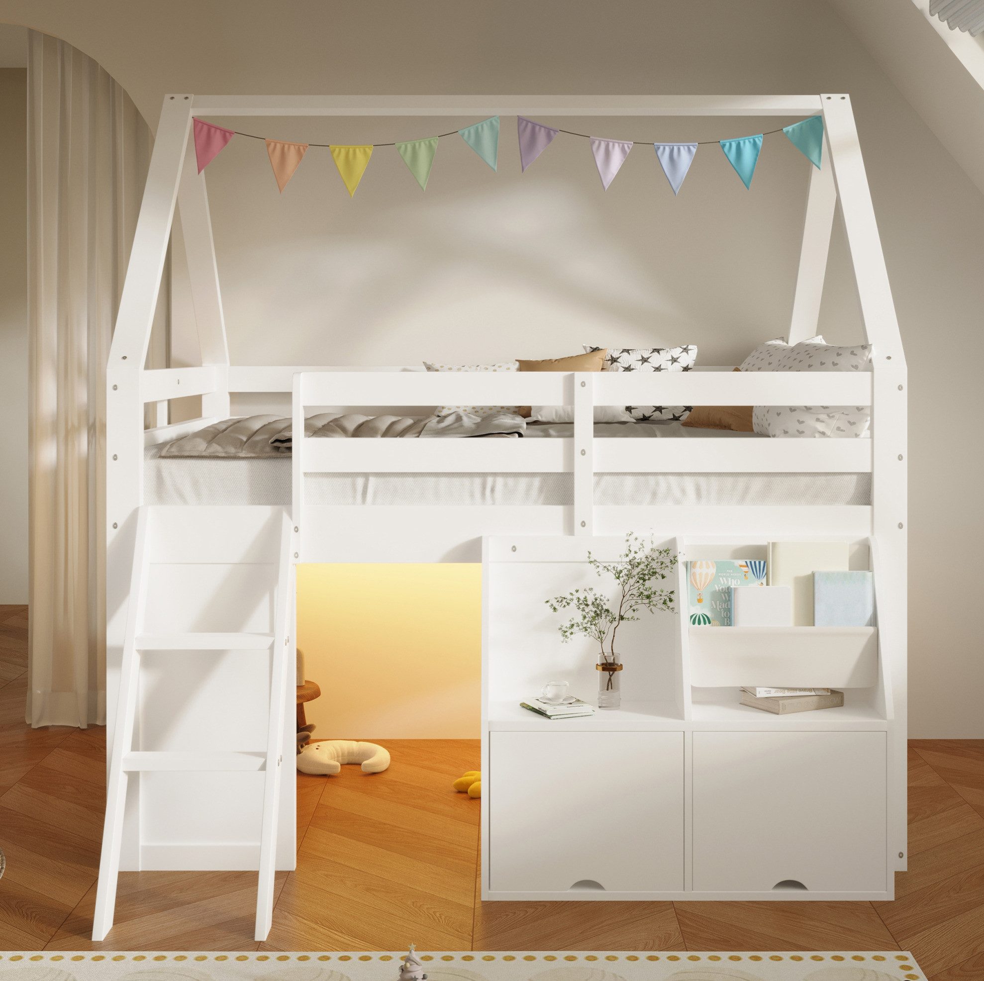 MODFU Hochbett Bettgestell mit Treppe LED Licht und Aufbewahrungslösungen (Packung, 1-St., 140×200 cm Kinderbett Hausform Weiß mit Stauraumboxen,ohne Matratze) Hausbett mit Klappboxen und Stofftaschen für Kinderzimmer
