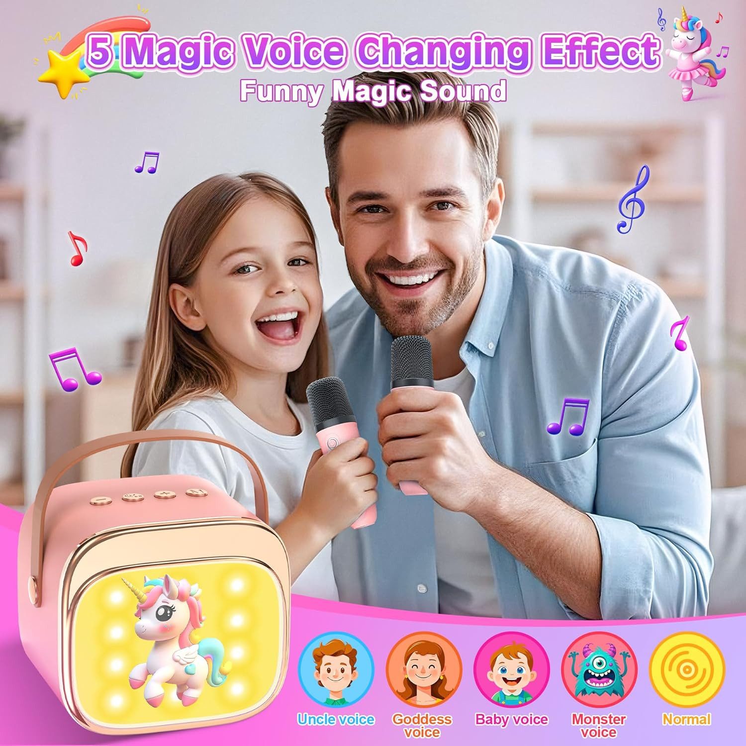 POPOLIC Kinder-Lautsprecher mit 2 Mikrofonen: Einhorn Geschenke Für Mädchen Karaoke-Maschine (Bluetooth Karaoke Mikrofon Kinder, Mikrofon für Mädchen 3-12 Jahre - Ostergeschenke Mädchen Spielzeug)