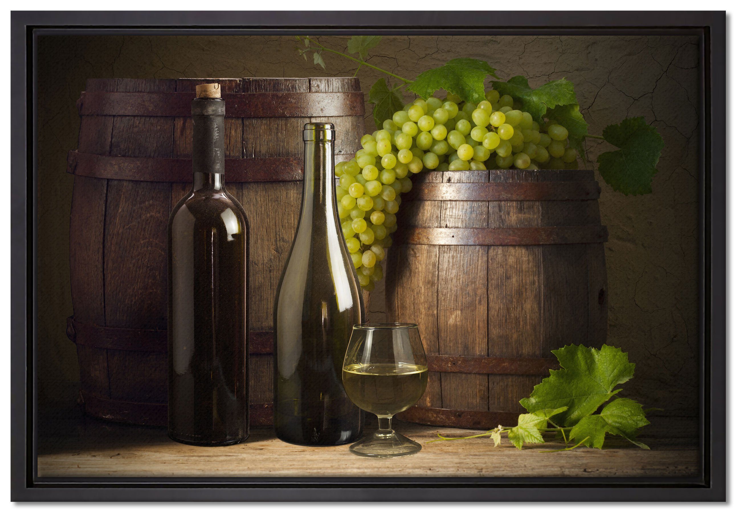 Pixxprint Leinwandbild Fässer mit Weintrauben und Wein, Wanddekoration (1 St), Leinwandbild fertig bespannt, in einem Schattenfugen-Bilderrahmen gefasst, inkl. Zackenaufhänger