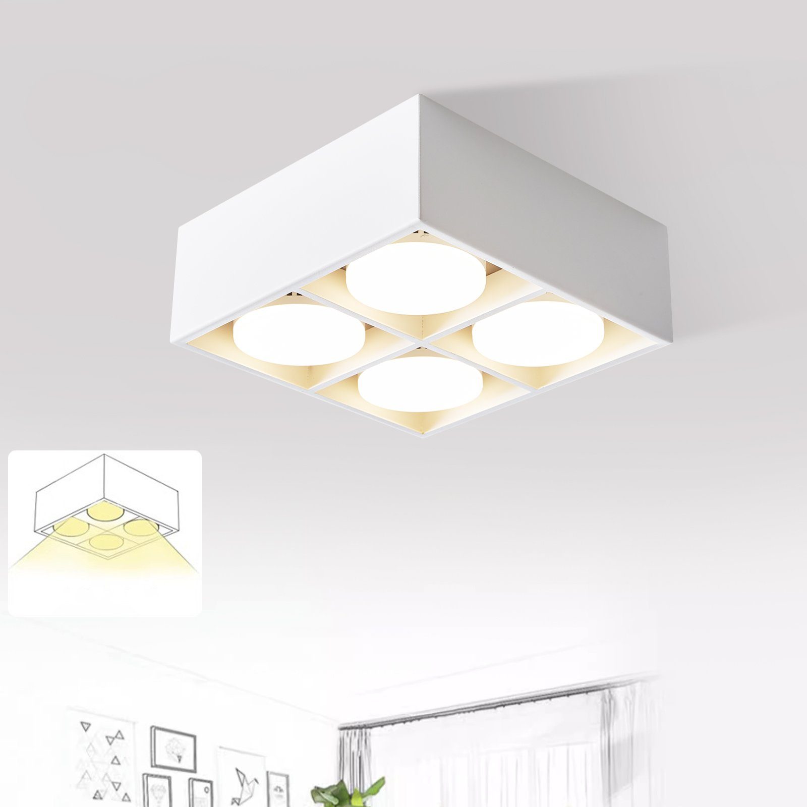 ZMH LED Deckenstrahler Deckenleuchte Aufputz mit 4 Flammig Schwenkbar Aufbaustrahler, LED fest integriert, 3000k, 20W für Wohnzimmer Esszimmer Büro Küche Flur, Weiß