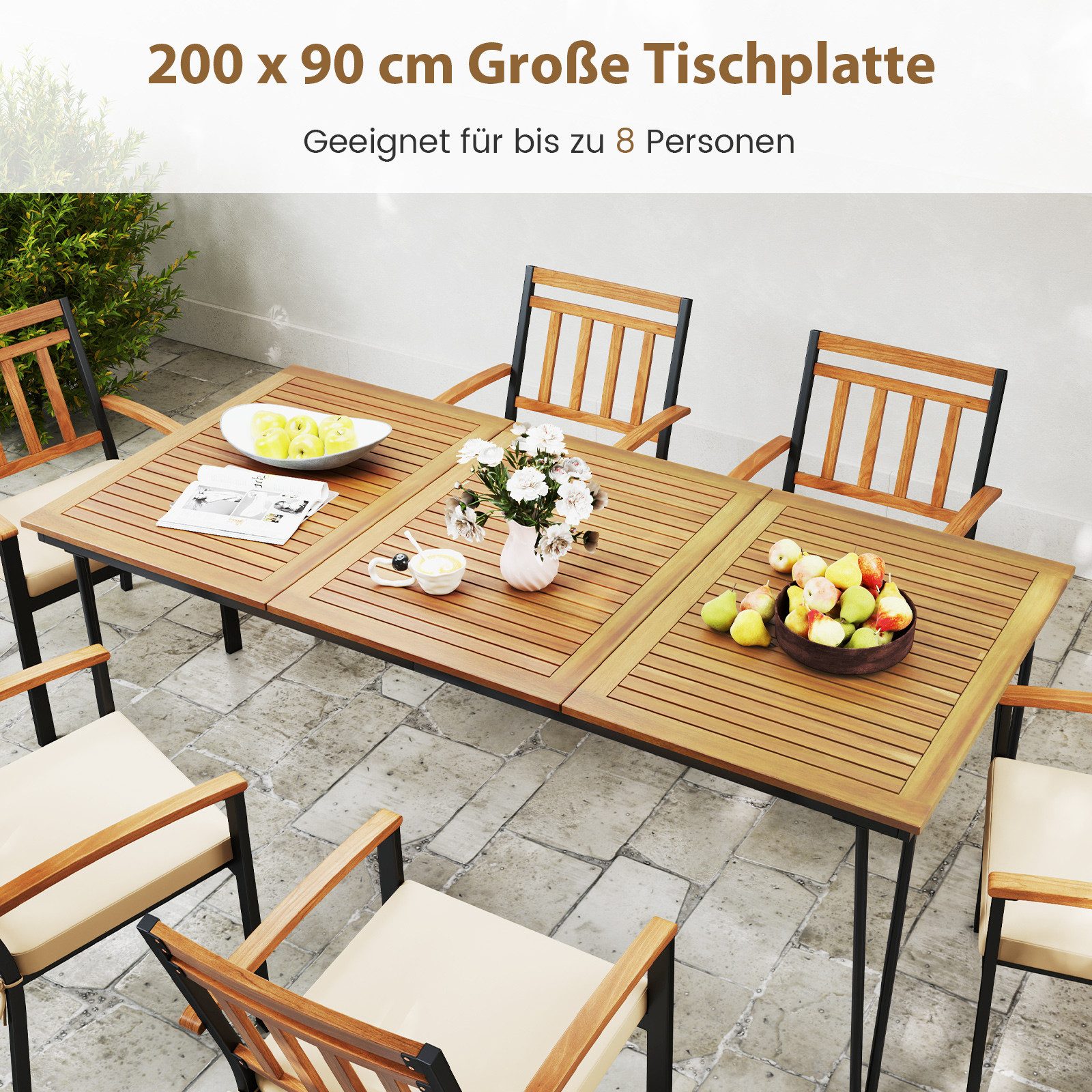 COSTWAY Gartentisch mit 5cm Schirmloch, rechteckig 200cm, Akazie, Esstisch für 8 Personen