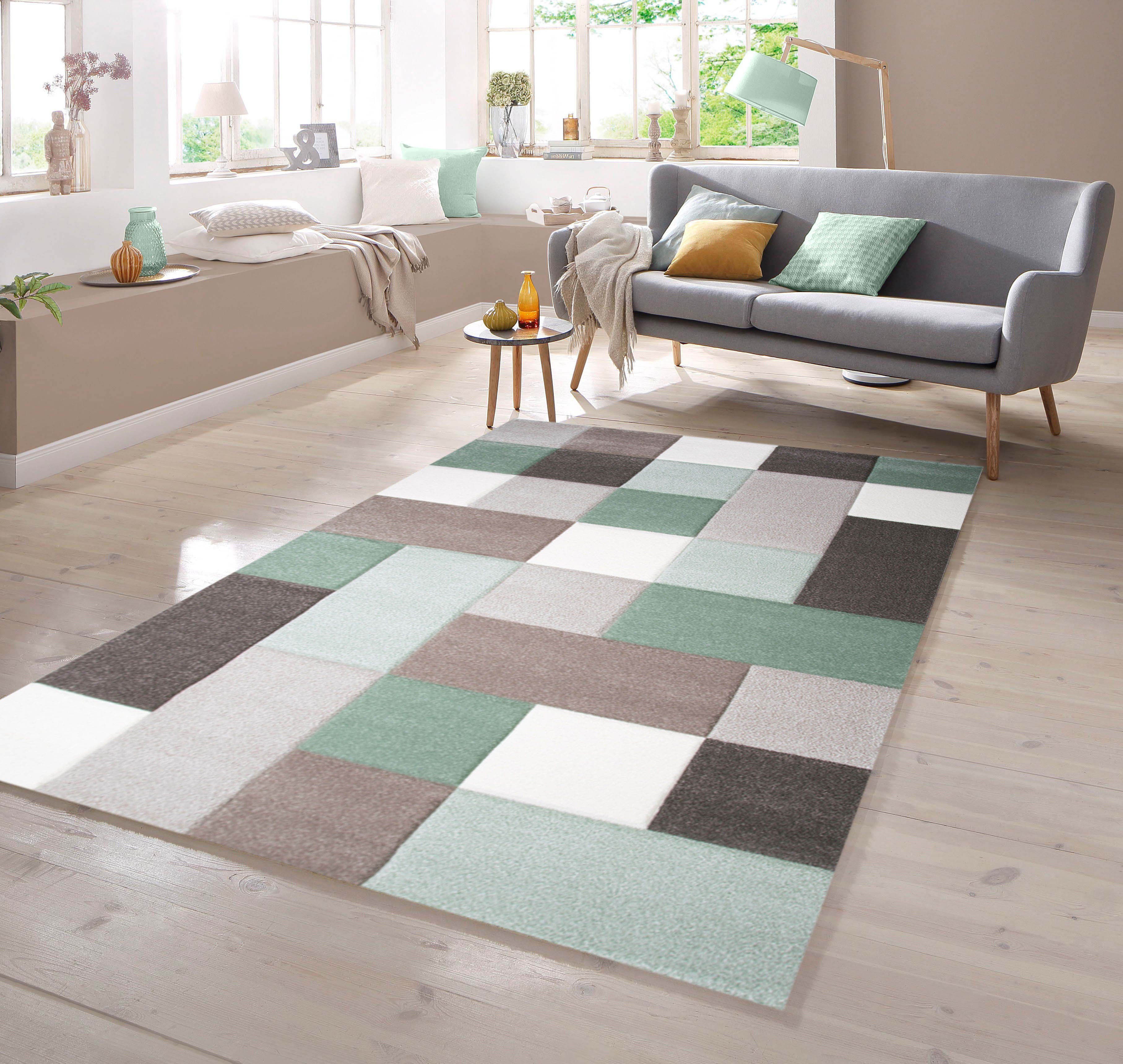 Teppich Designer Teppich mit Konturenschnitt Karo Muster mit Pastellfarben  Grün Creme Beige Grau, TeppichHome24, rechteckig