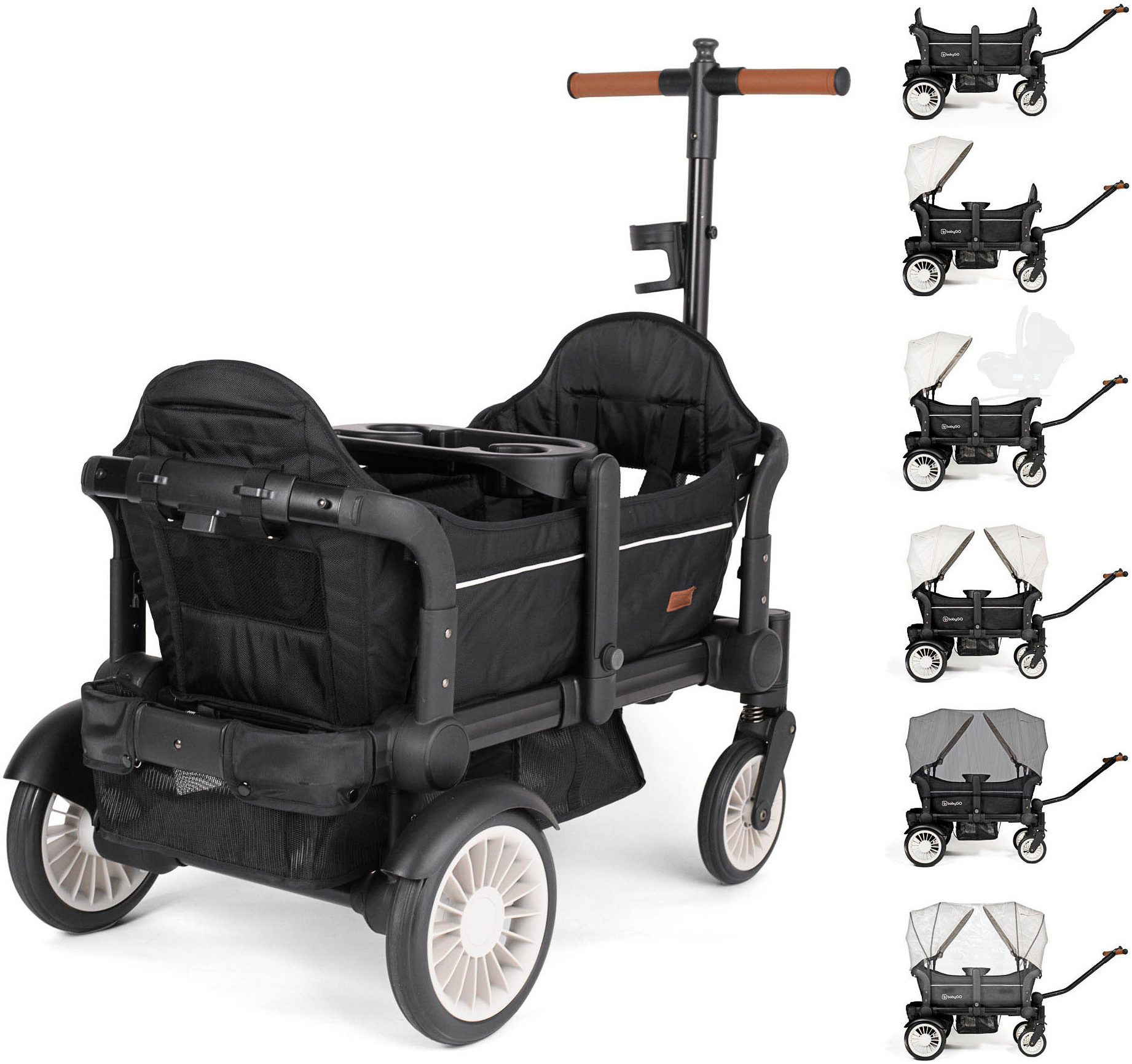 BabyGo Bollerwagen Cozy Rider (Set, 7-tlg., inkl. 2x Sonnenschutz, Tisch, Moskito- u. Regenschutz, Flaschenhalter), klein zusammenfaltbar