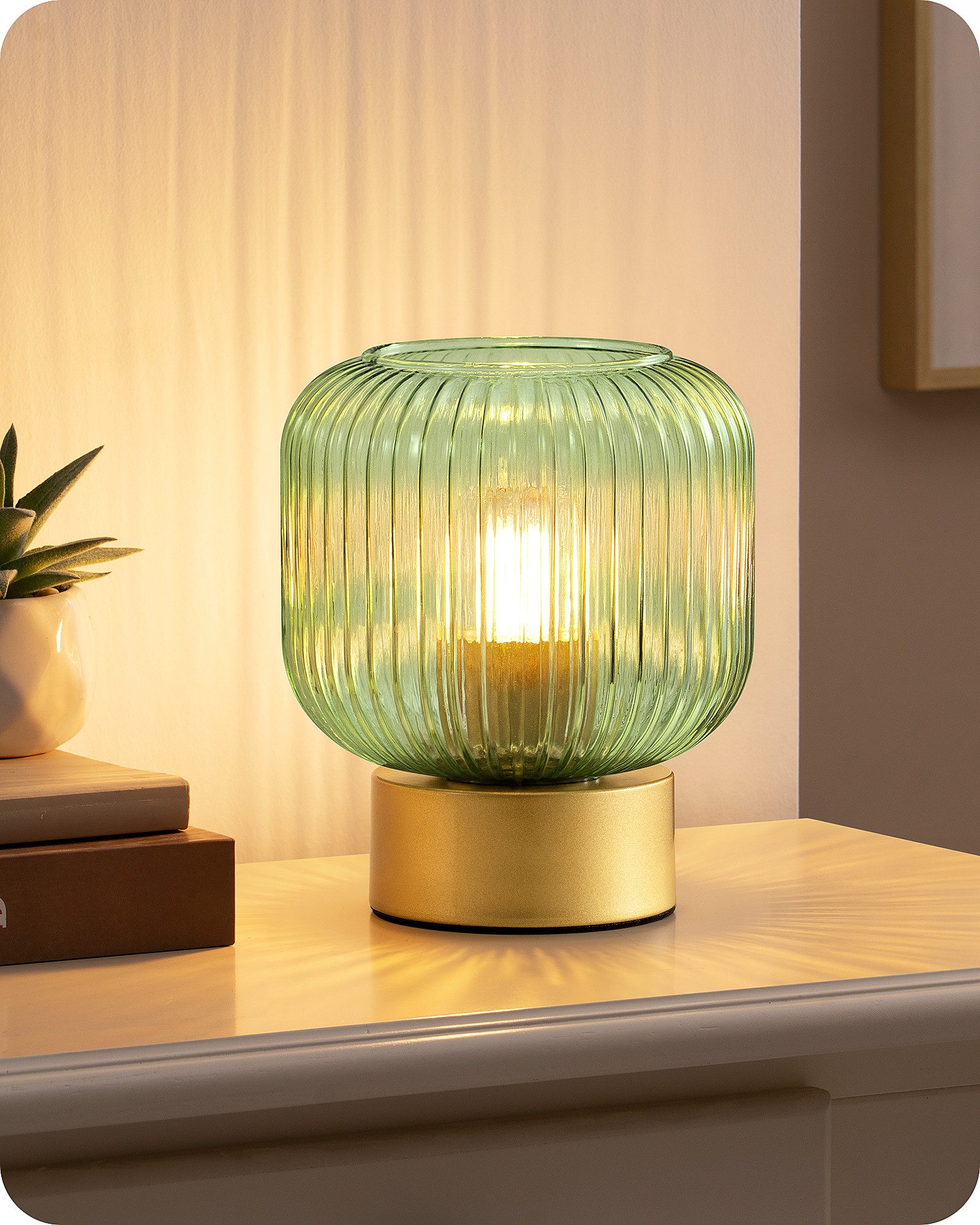 EDISHINE Nachttischlampe Retro-Grüne Tischlampe mit Candy-Glas-Schirm, LED wechselbar, Tageslichtweiß, Dekolampe, sanftes warmweißes Licht 2700K, inkl. LED-Leuchtmittel