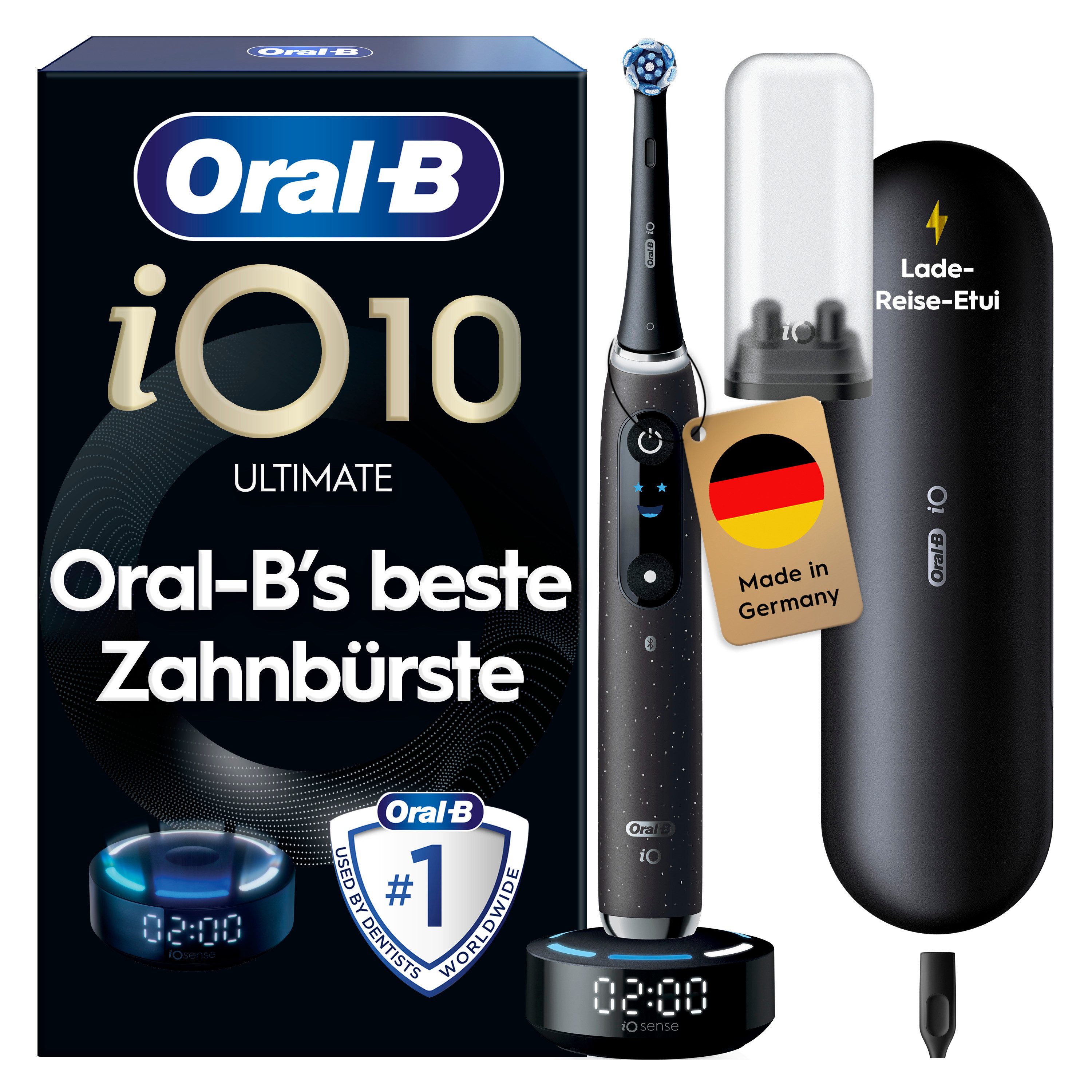 Oral-B Elektrische Zahnbürste Oral-B iO Series 10, Aufsteckbürsten: 1 St., 1 Aufsteckbürste, Aufsteckbürstenhalter, Lade-Reise-Etui, iO Sense Zahnputz-Coach, Schnellladestation, Langanhaltender Akku