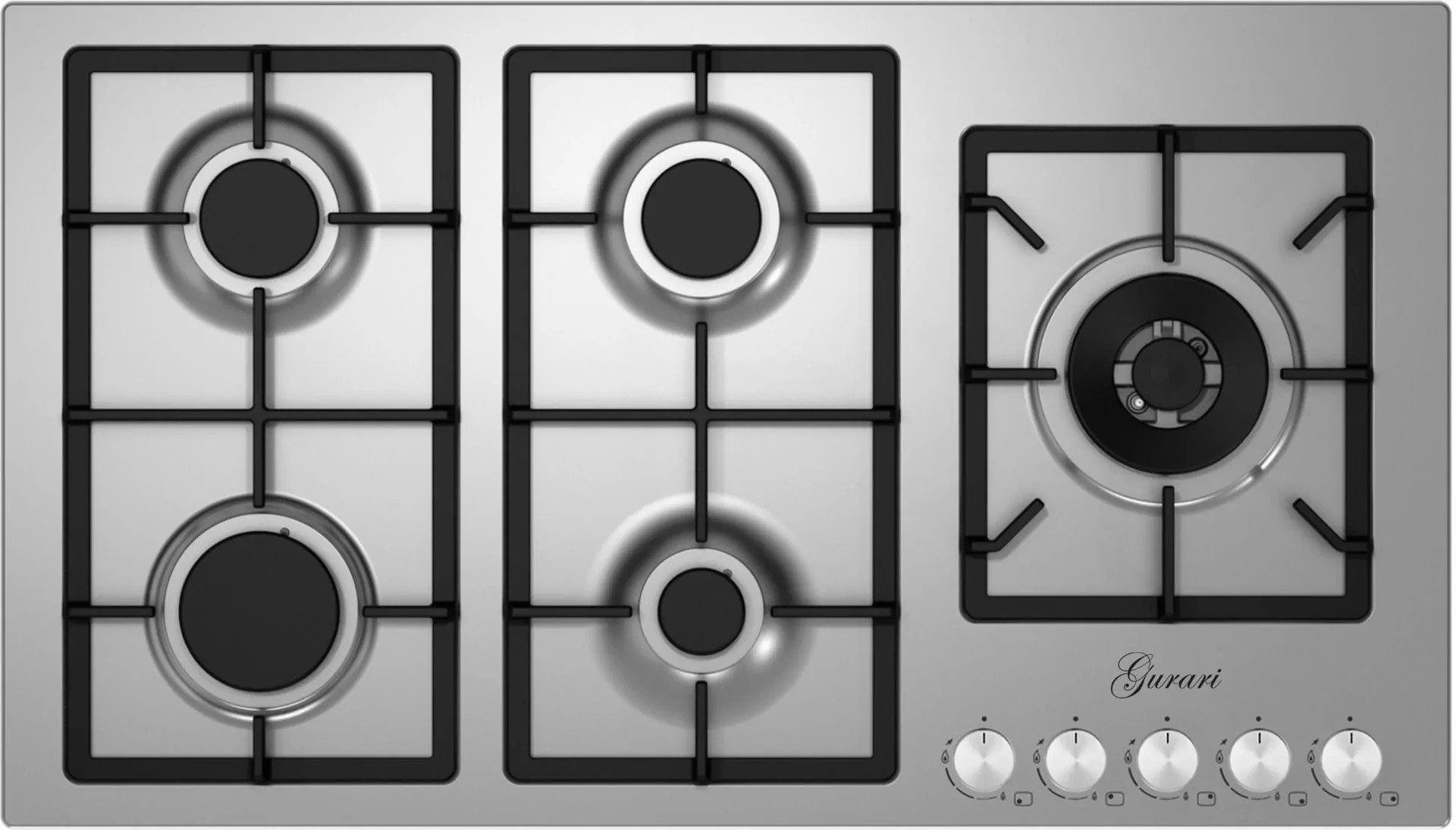 GURARI Gas-Kochfeld FQ 905 VRGL 90 cm, Edelstahl, 4,0 KW WOK, 5 Gasbrenner,Erdgas, FL.Gas