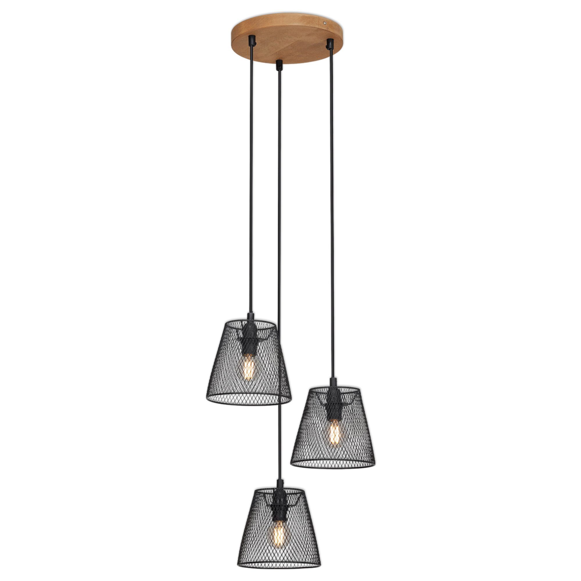 Briloner Leuchten Pendelleuchte 4074-035, 0, ohne Leuchtmittel, Warmweiß, 3-flammig, retro/vintage, Metallschirm und Holz Basis, schwarz, 21 cm