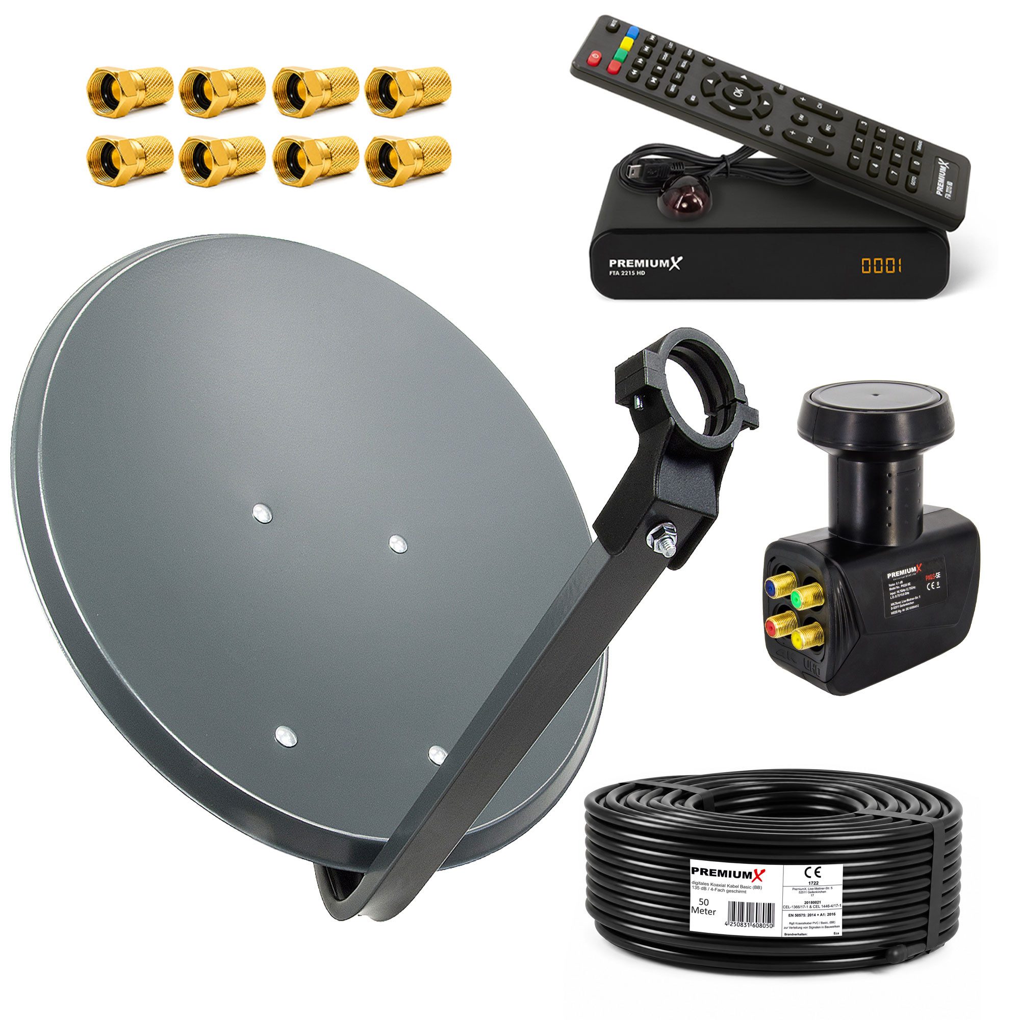 PremiumX SAT Anlage 60cm Antenne ALU Quad LNB Kabel 50m Receiver SAT-Antenne