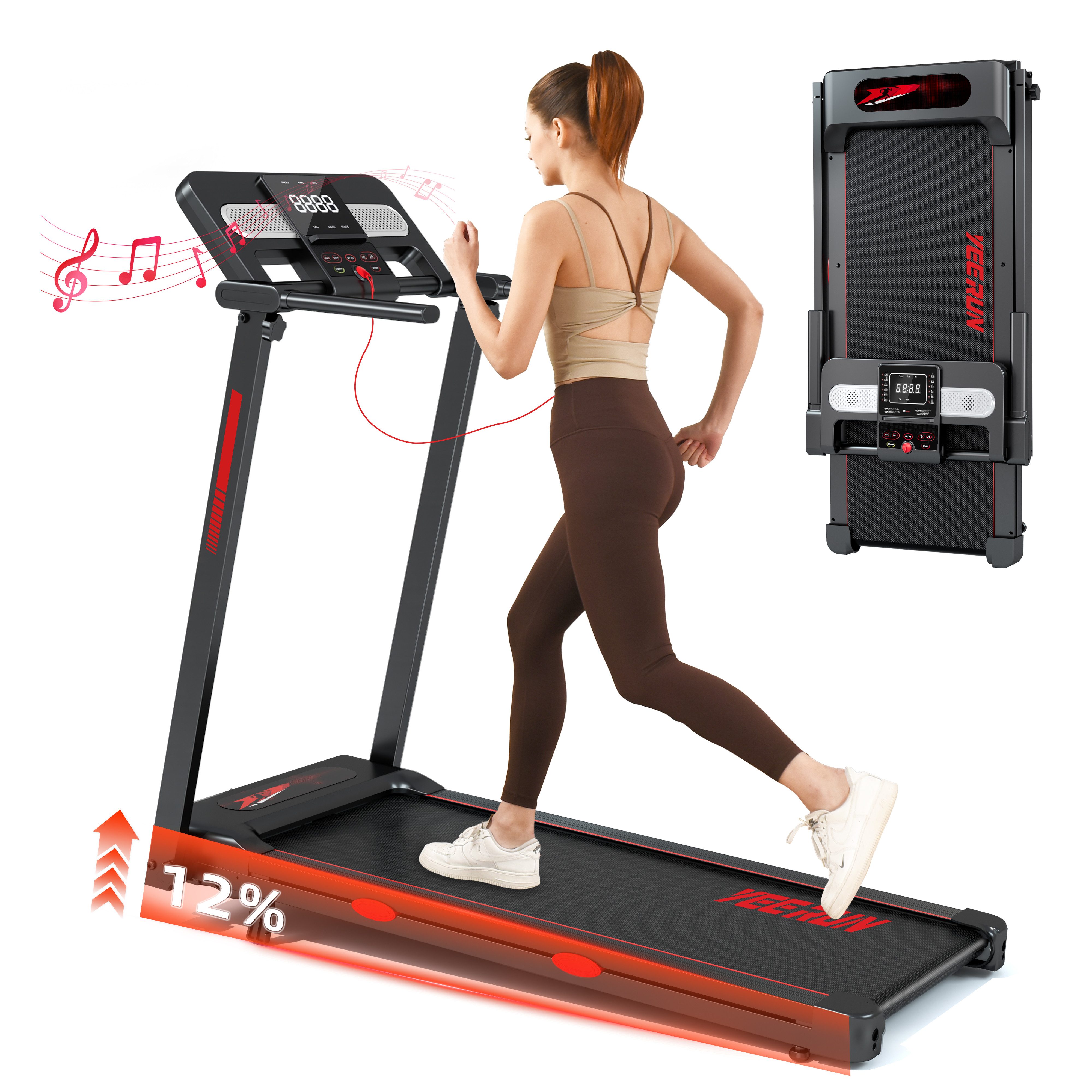 YEE RUN Laufband für Zuhause, 4 in 1, 12 % Steigung, 3HP, 1-14 km/h, BT-Lautsprecher