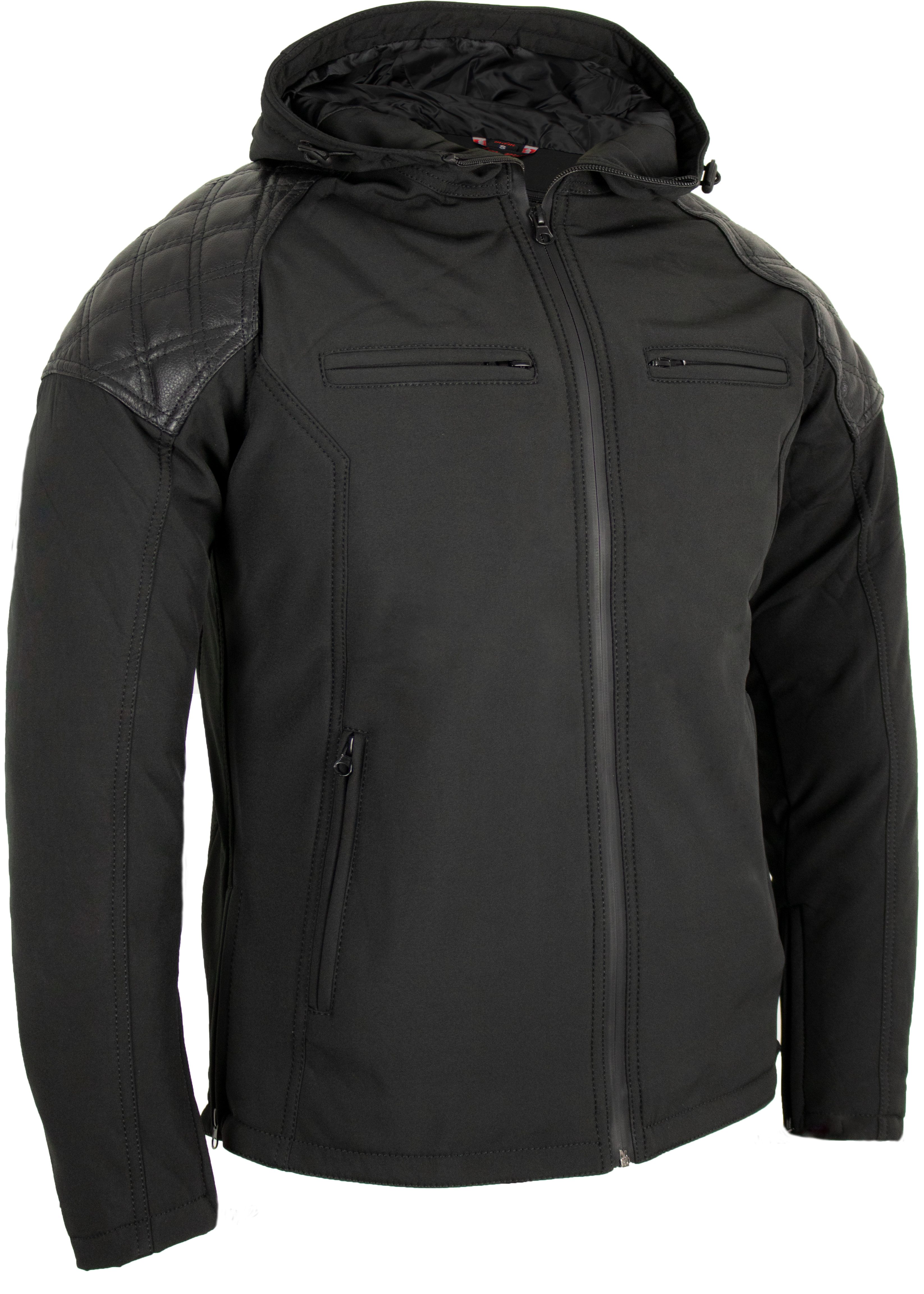 MDM Motorradjacke Herren Hoodie Motorradjacke Softshell mit Protektoren (Bikerjacke mit Kapuze) Leder-Steppdetails und wasserdichter Membran
