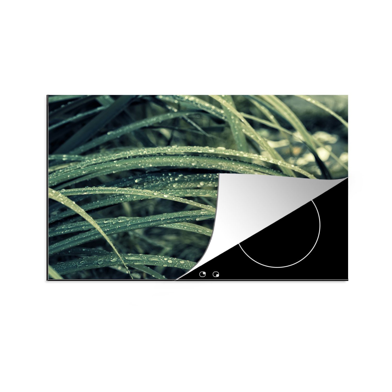 MuchoWow Herdblende-/Abdeckplatte Grünes botanisches Gras nach Regenfällen, Vinyl, (1 tlg), 81x52 cm, Induktionskochfeld Schutz für die küche, Ceranfeldabdeckung