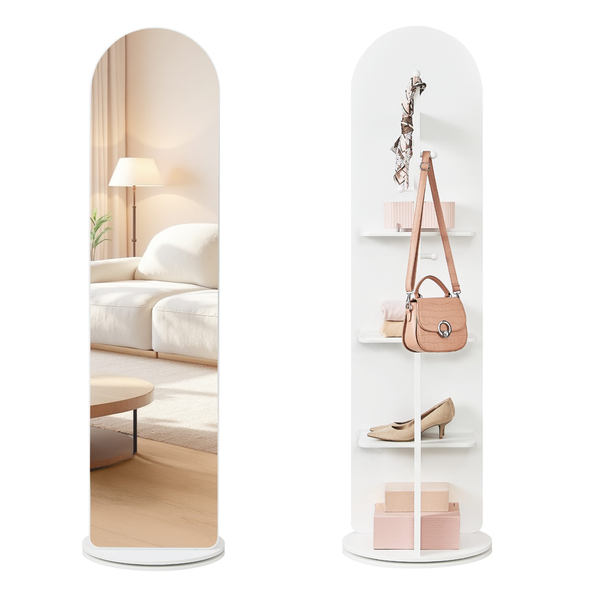 SONGMICS Standspiegel 360° drehbarer Spiegel, mit Sockel, Ablagen und Haken, klares Hartglas, 163 x 45 cm (H×D), für Schlafzimmer, Wohnzimmer