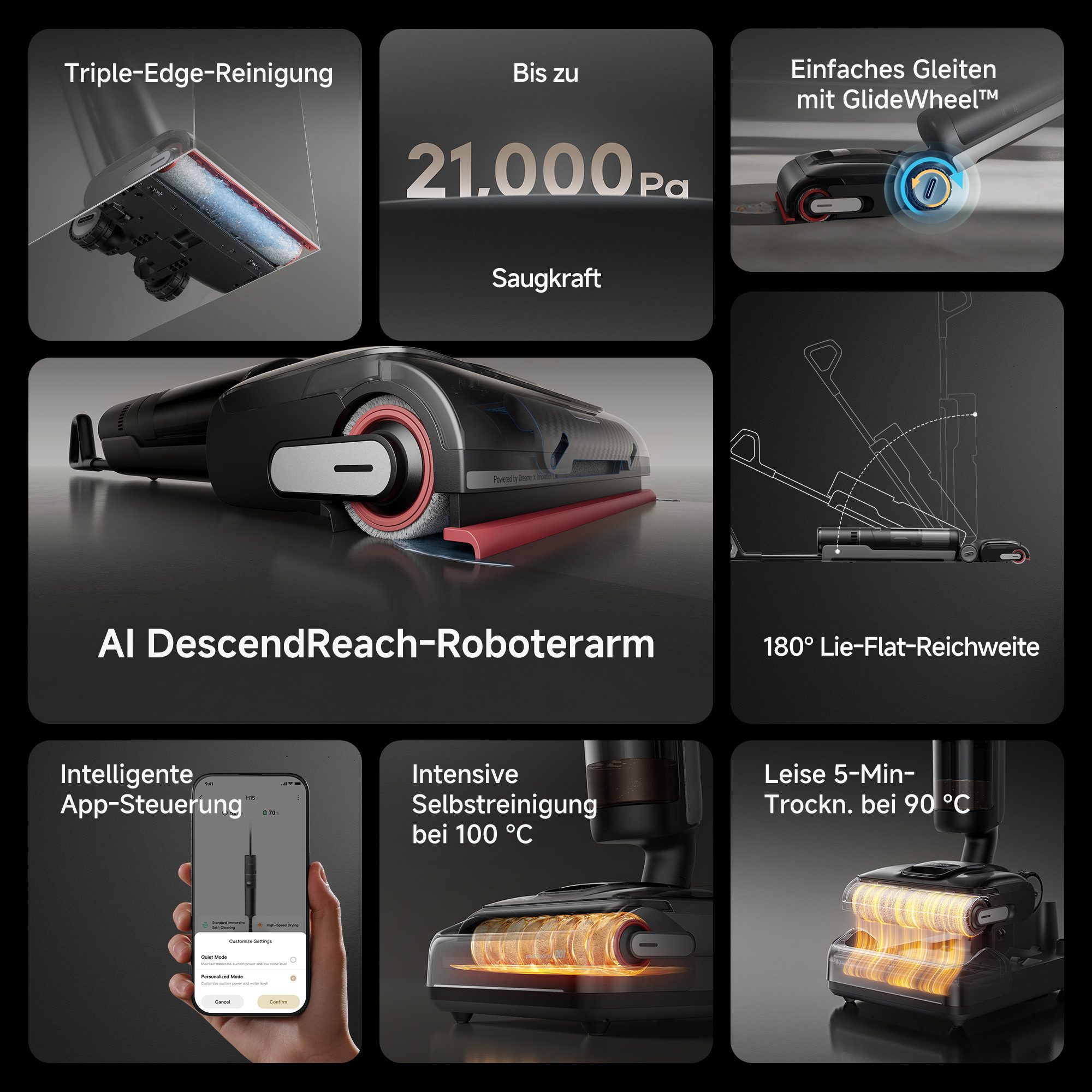 Dreame Nass-Trocken-Sauger H15 Pro, 21.000 Pa Saugkraft, GapFree,180°-Design, Selbstreinigung, 400 W, Triple-Edge-Reinigung, TangleFree, App-Control, Heißlufttrocknung