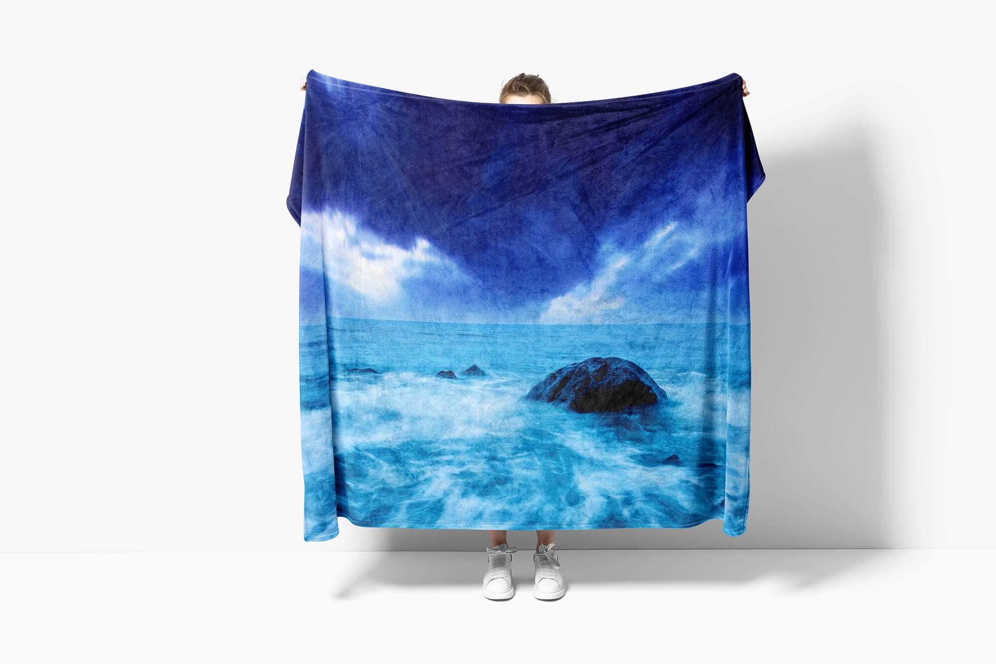 Sinus Art Handtücher Handtuch Meer mit Fotomotiv Blau, Strandhandtuch Kuscheldecke Saunatuch (1-St), Baumwolle-Polyester-Mix Horizont Handtuch