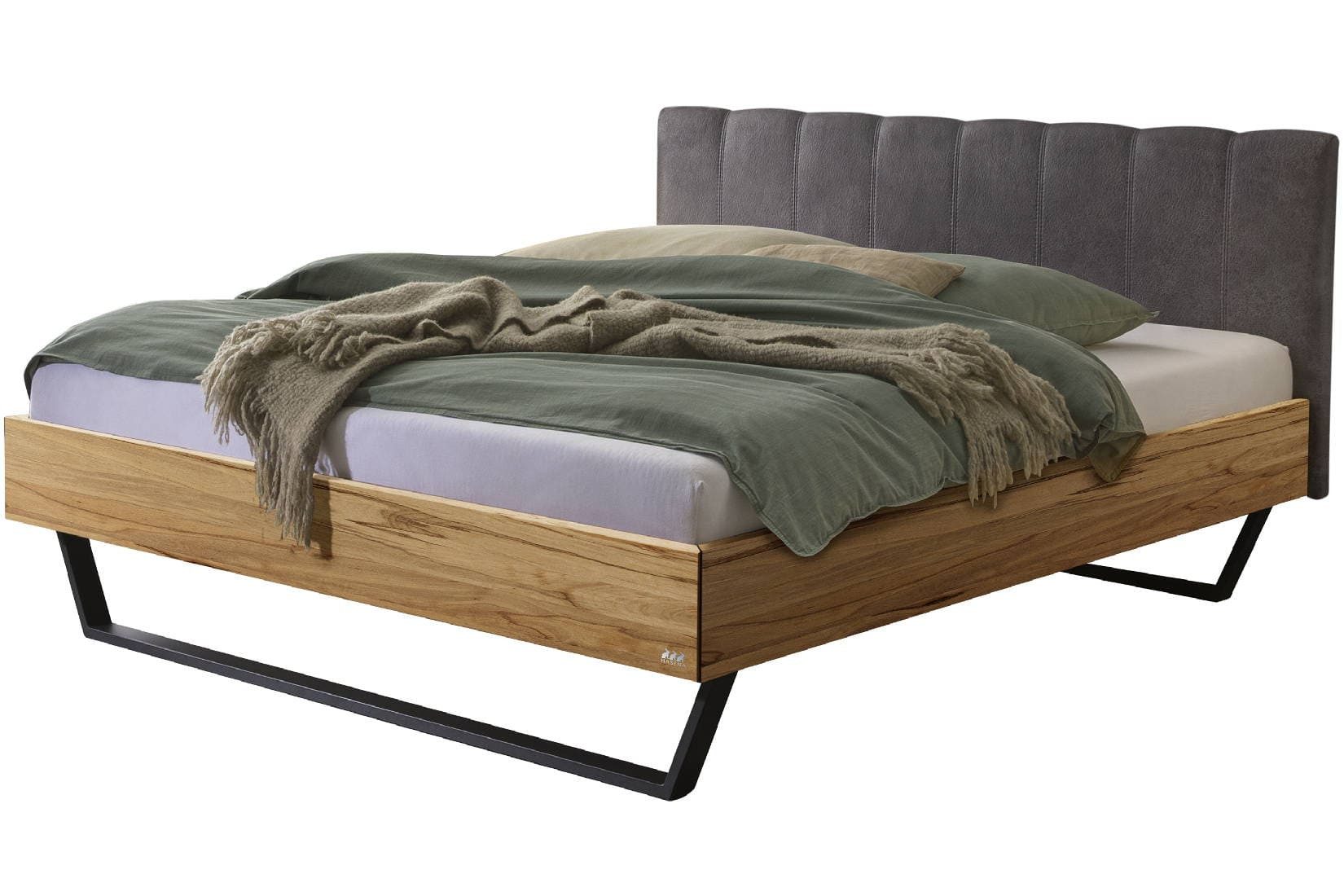 HASENA Massivholzbett Enrico, Naturholzbett mit Polsterkopfteil auf Metallkufen