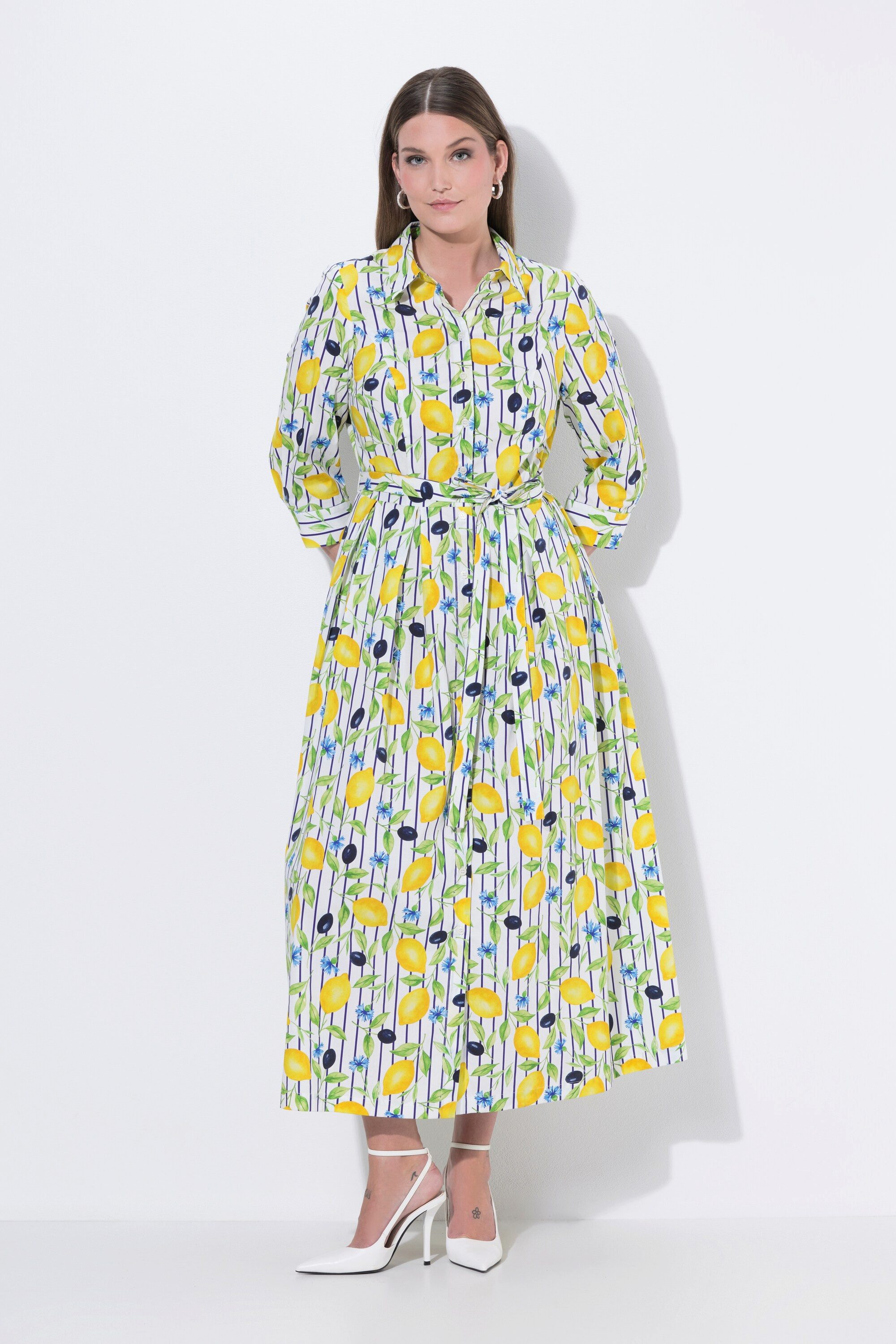 Ulla Popken Maxikleid Maxi-Hemdblusenkleid Zitronen Hemdkragen 3/4-Arm