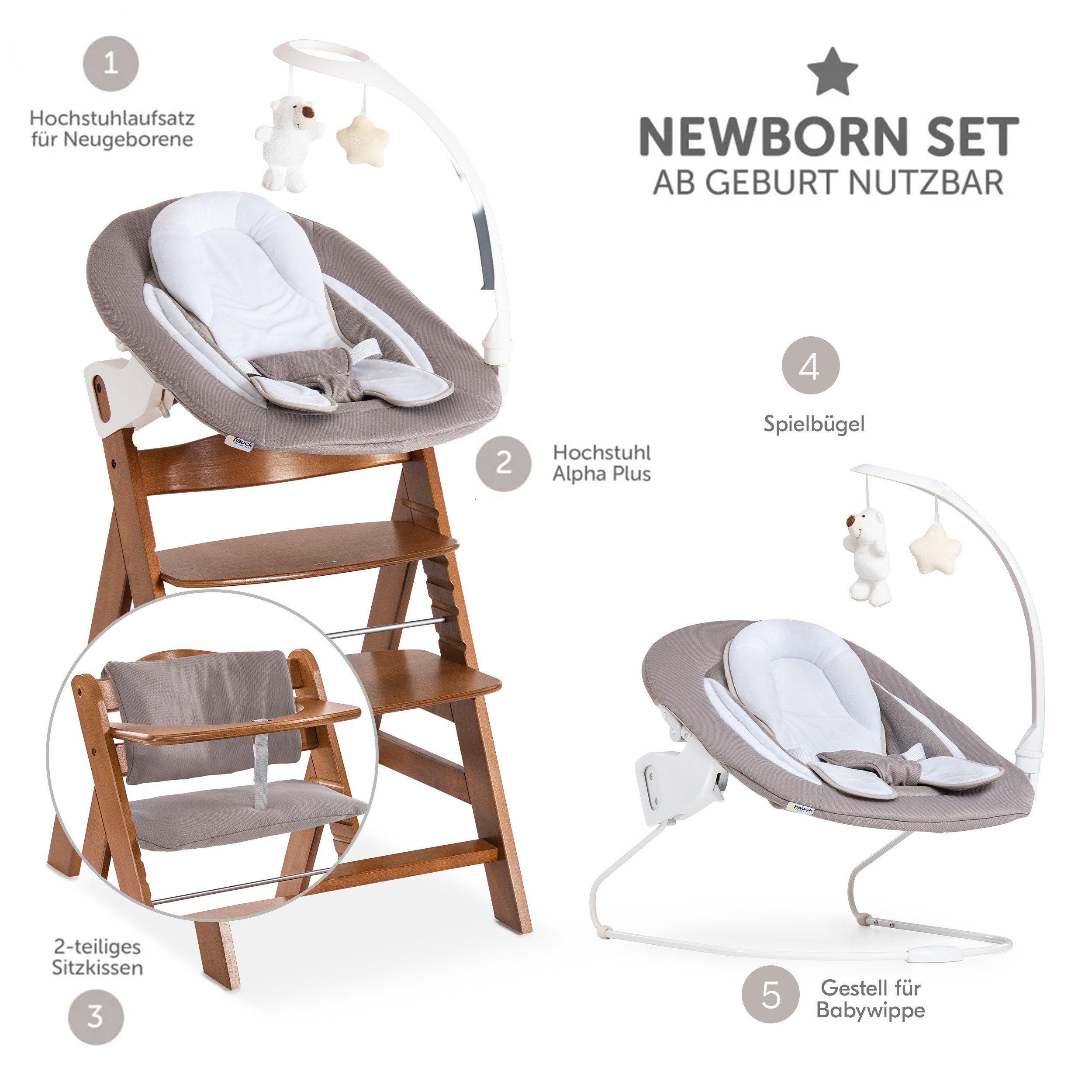 Hauck Hochstuhl Alpha Plus Newborn Set Deluxe - Walnut, Holz Babyhochstuhl ab Geburt inkl. Neugeborenenaufsatz & Sitzauflage