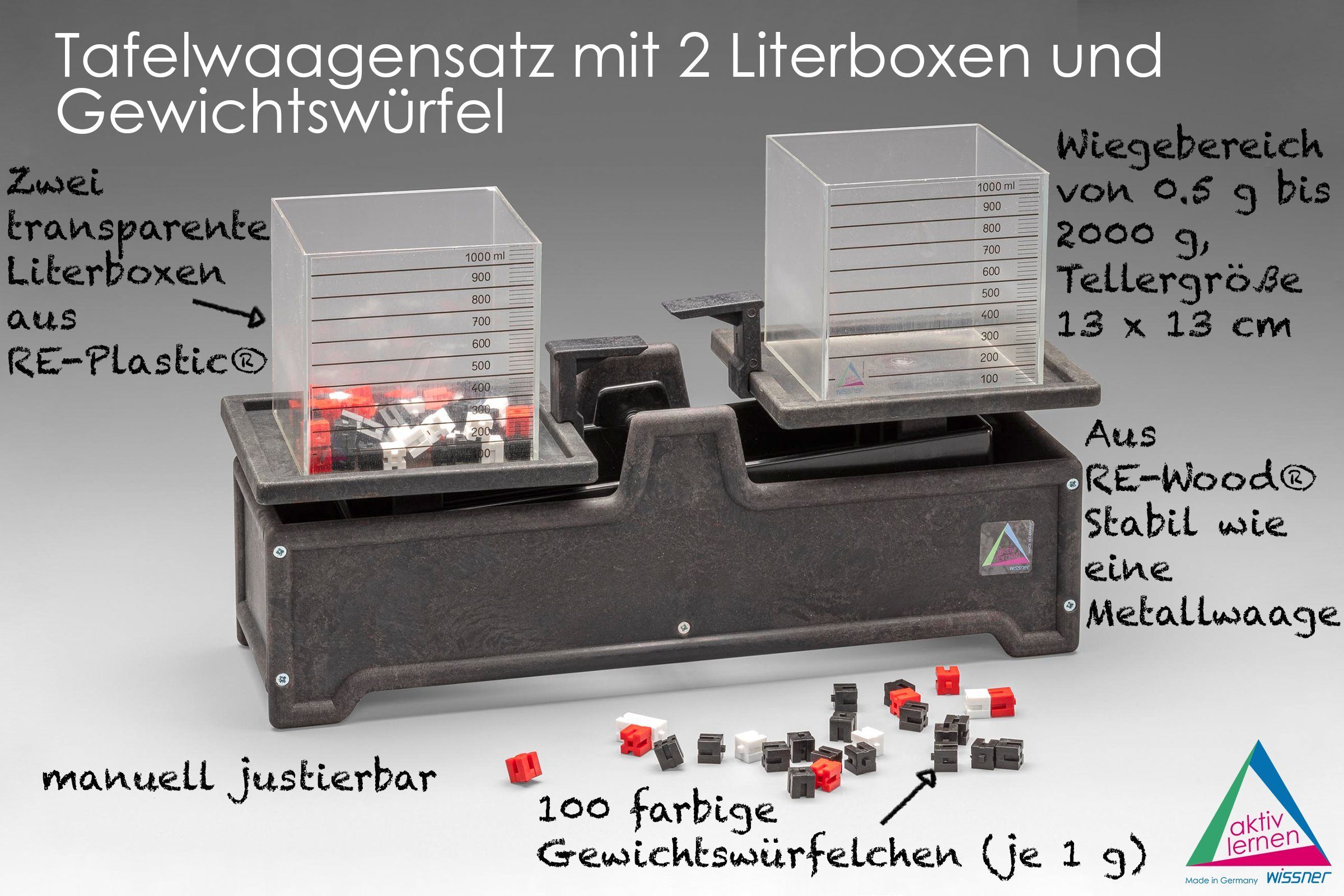 Wissner® aktiv lernen Lernspielzeug Tafelwaagensatz mit 2 Literboxen und Gewichtswürfel, Gewichte wiegen, RE-Wood®