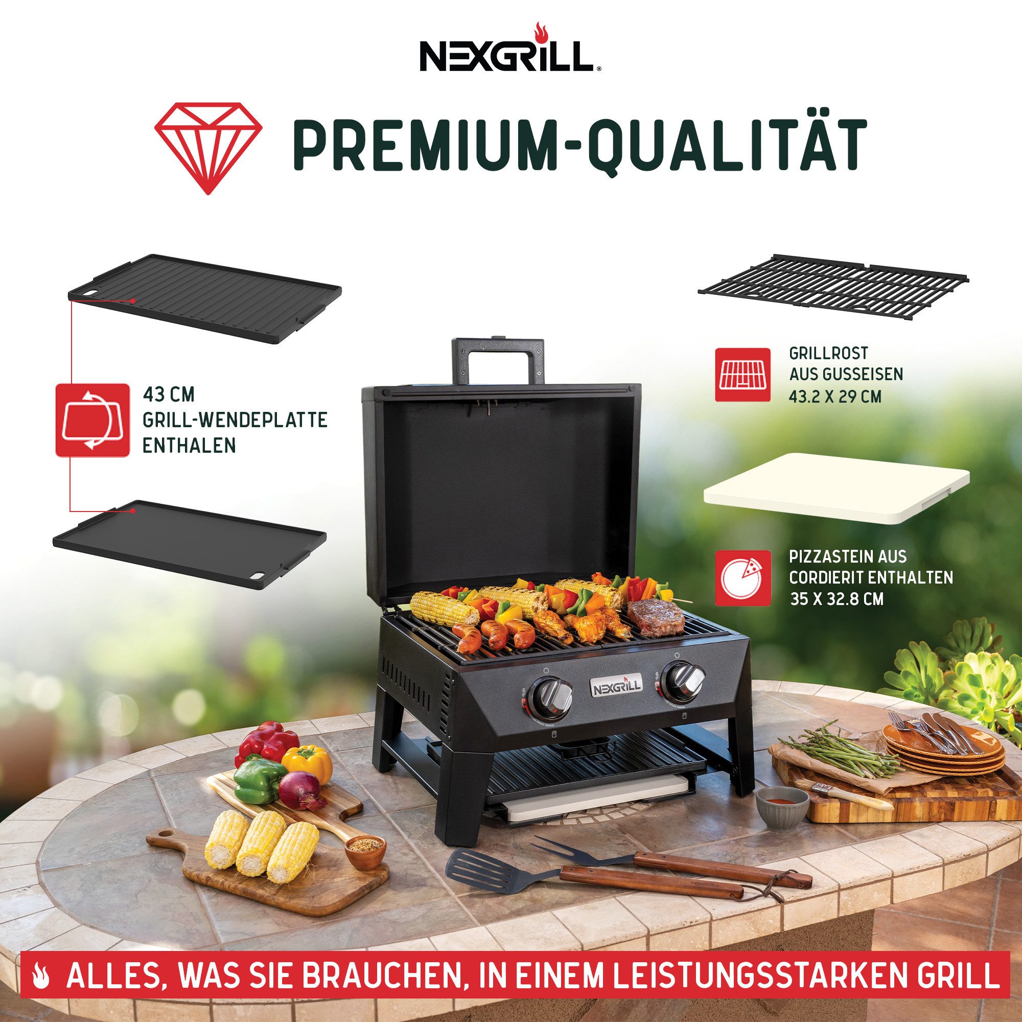 nexgrill Gasgrill Fortress x4 4-in-1 Gasgrill / Tischgrill mit Pizzaofen, Bis zu 300°C, Gusseisen Grillrost, Pizzastein, Plancha, mit 2 Edelstahlbrennern 5,5kW und Piezozündung, Aufbaumaß: 59x46x51 cm