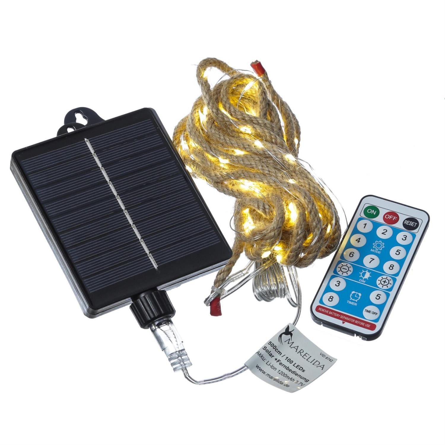 MARELIDA LED-Lichterkette Solar Lichterkette Seil maritim Deko Kordel Tau 5m 8 Funkt. Fernb. USB, 100-flammig