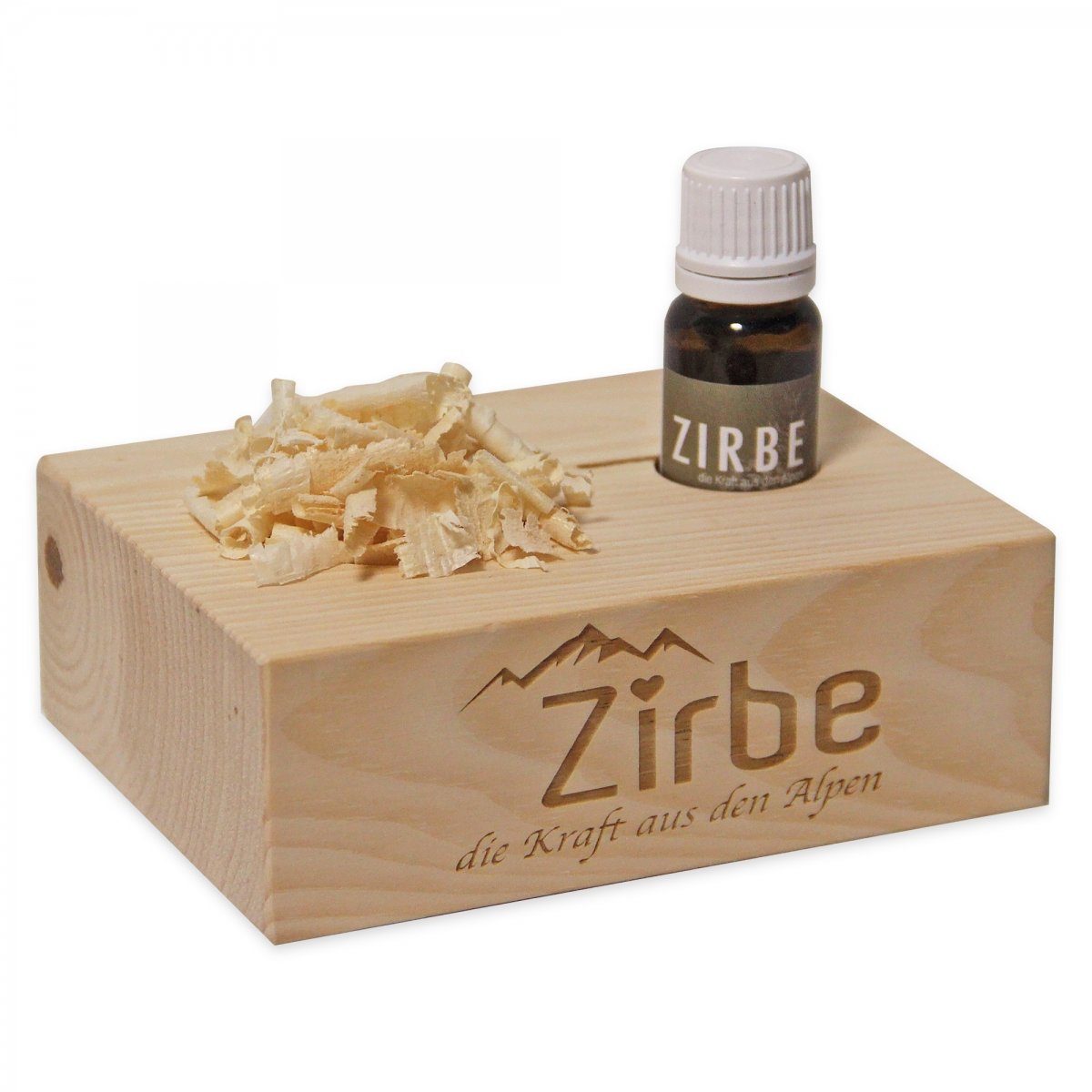 Heubergshop Raumduft, 10ml Zirbenöl + Zirbenwürfel mit Gravur