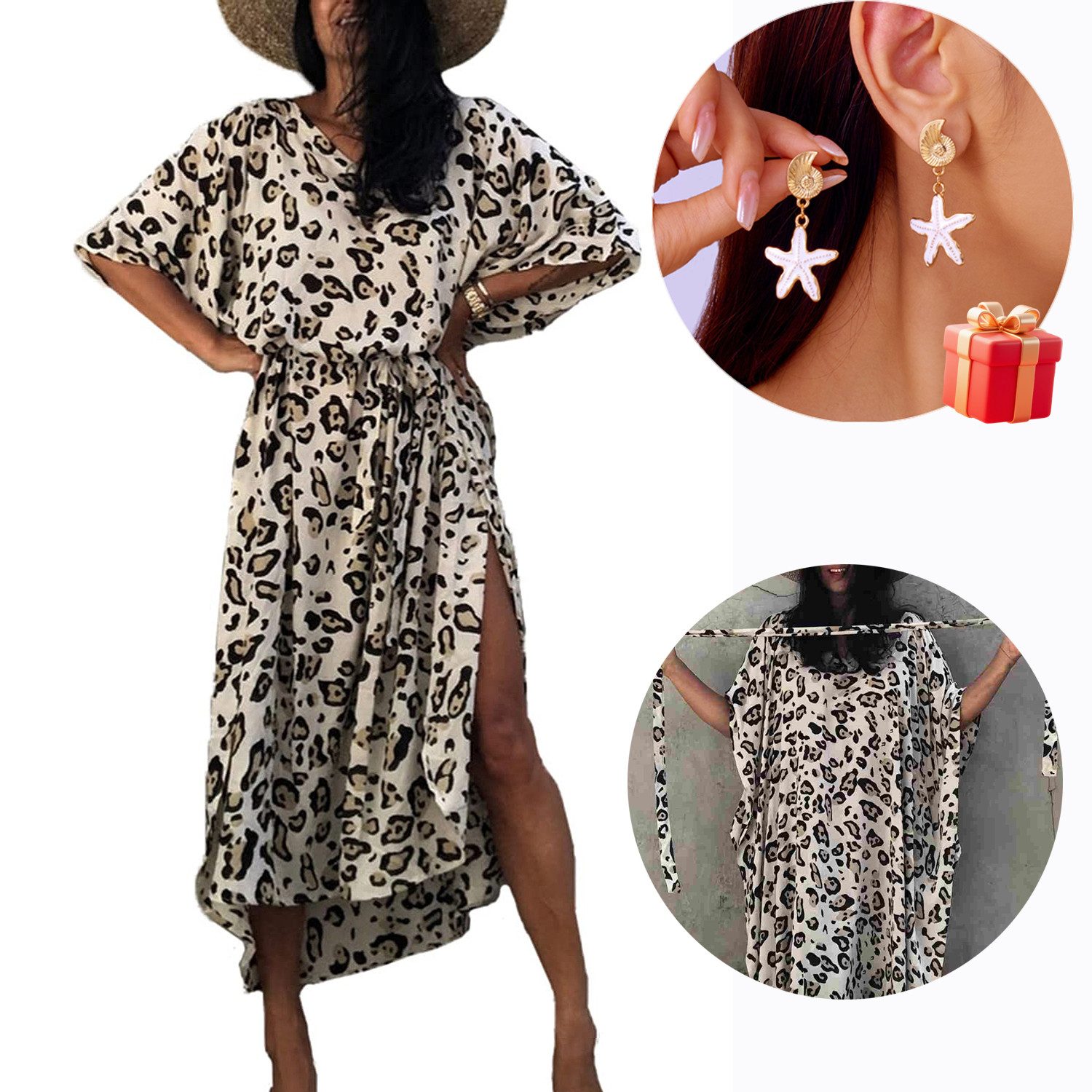 MOPUEA Strandkleid Leopard Kaftan Maxikleid Strandtunika mit Gürtel inklusive Ohrringe (Kaftan Maxikleid mit Gürtel aus Viskose, Luftiger Strand Kaftan in Einheitsgröße mit Animal Print) 100 Prozent Viskose locker leicht atmungsaktiv mit Gürtel
