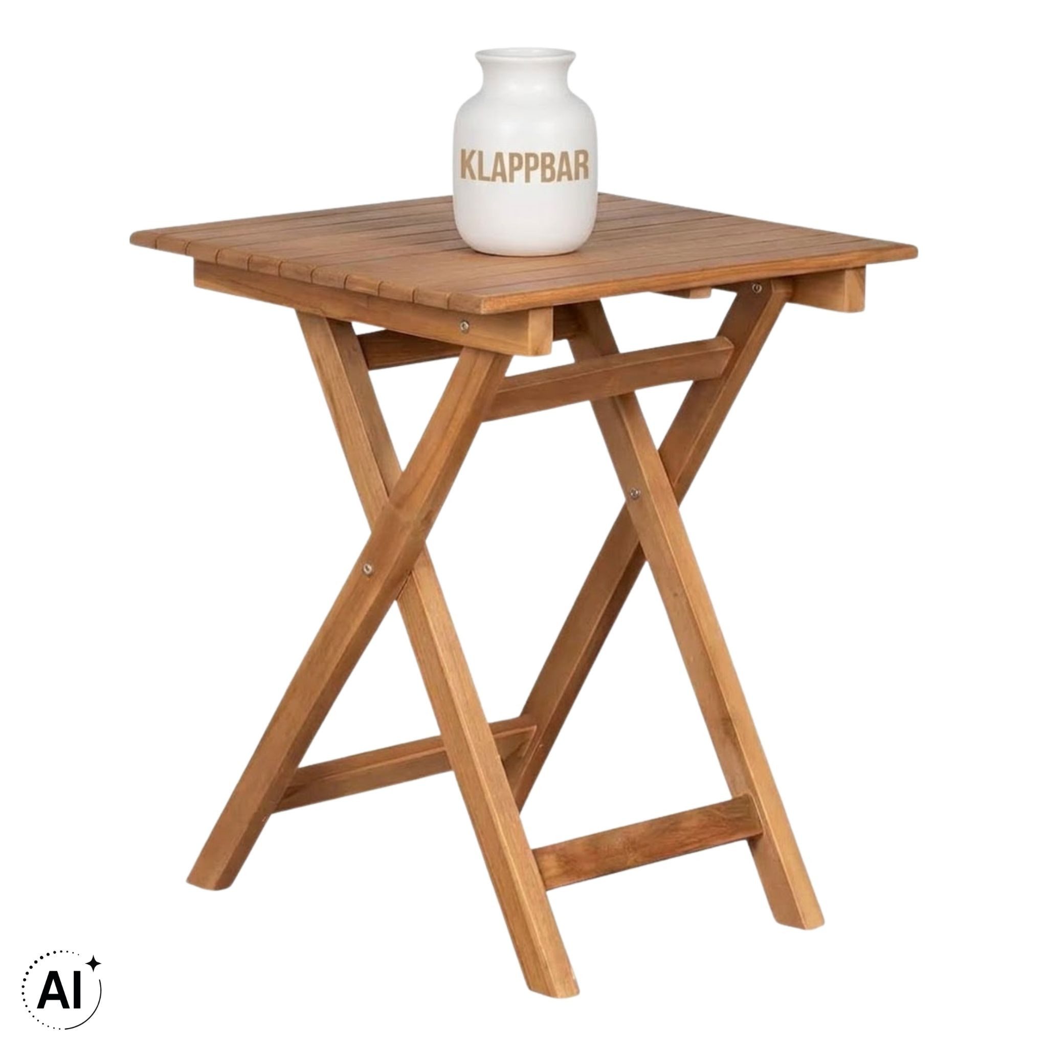 MR.DEKO Gartentisch Porton kleiner Balkontisch 60x60 cm klappbar, Teak natur (Einzeltisch klappbar für Balkon & Terrasse, 1-St), Massives Plantagen-Teak, klappbar, witterungsbeständig
