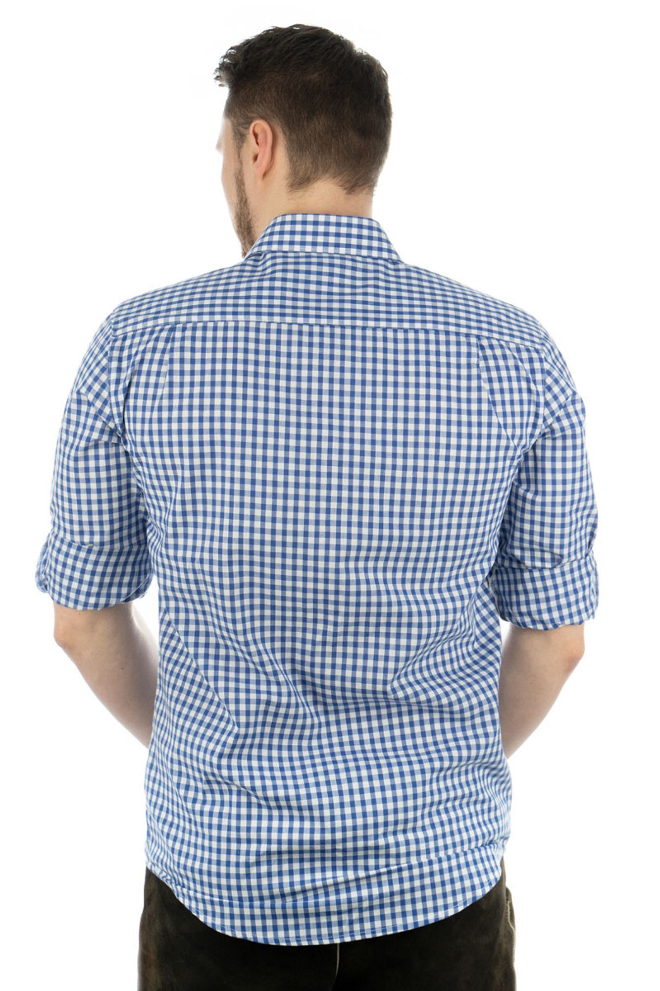 Trachtenhemd mit mit aufgesetzter Hirsch-Stickerei Langarmhemd OS-Trachten Ukazui Brusttasche mittelblau