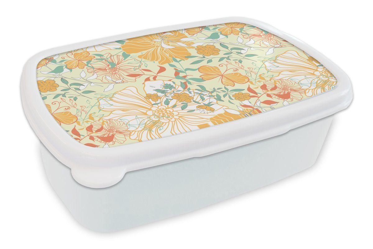 MuchoWow Lunchbox Blumen - Muster - Schmetterlinge, Kunststoff, (2-tlg), Brotbox für Kinder und Erwachsene, Brotdose, für Jungs und Mädchen weiß