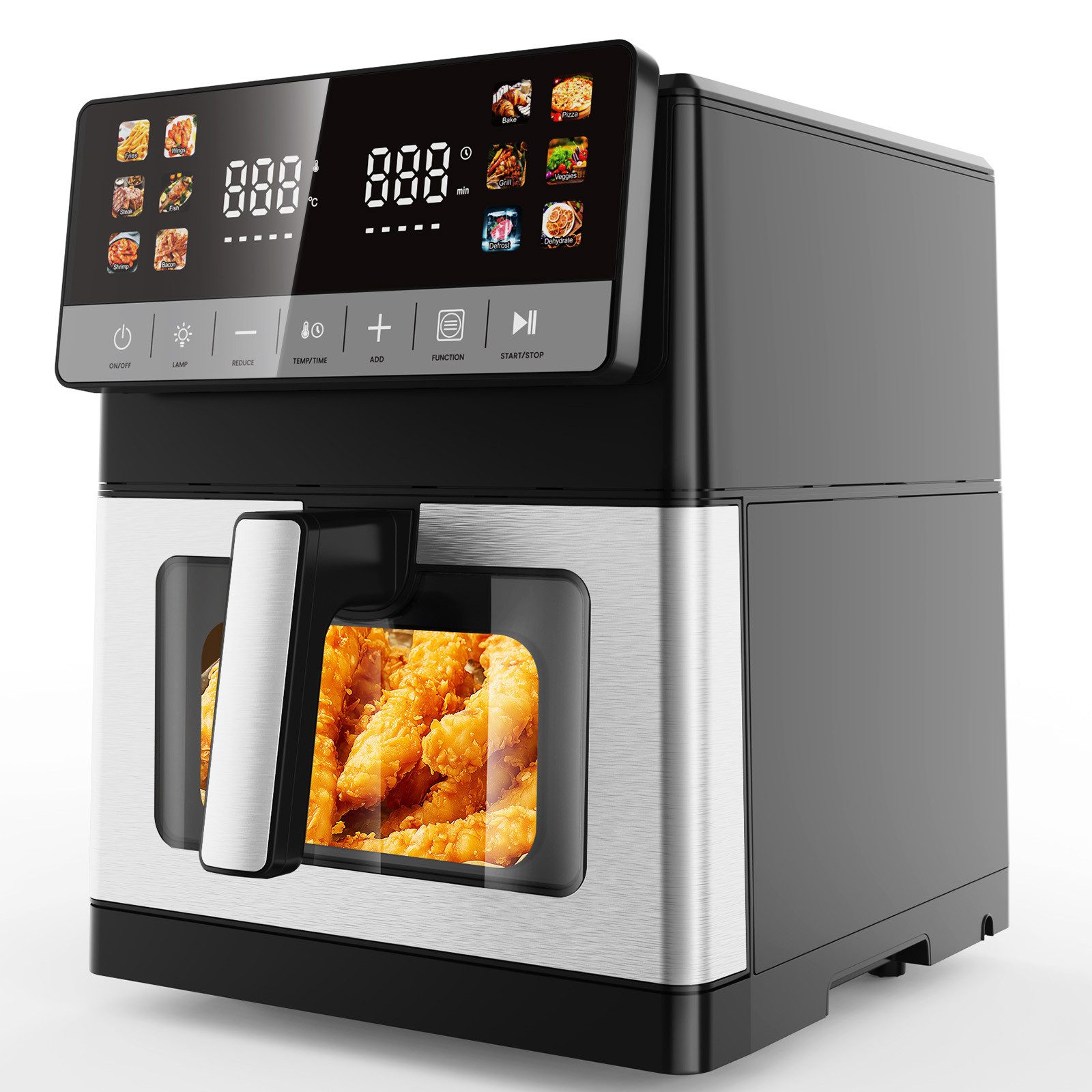 oyajia Heißluftfritteuse 10L Heißluftfritteuse aus Edelstahl, 2 Heizelementen, 12 Automatikprogramme, Sichtfenster, Touch Bedienfeld, LED Anzeige, 1800 W, Temperatur einstellbar 30 - 200 °C, 60-Minuten-Timer, silber-schwarz