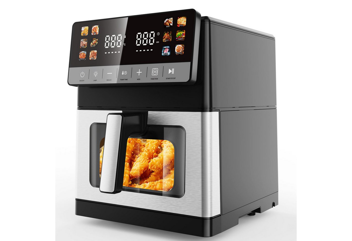 oyajia Heißluftfritteuse 10L Heißluftfritteuse aus Edelstahl, 2 Heizelementen, 12 Automatikprogramme, Sichtfenster, Touch Bedienfeld, LED Anzeige, 1800 W, Temperatur einstellbar 30 - 200 °C, 60-Minuten-Timer, silber-schwarz