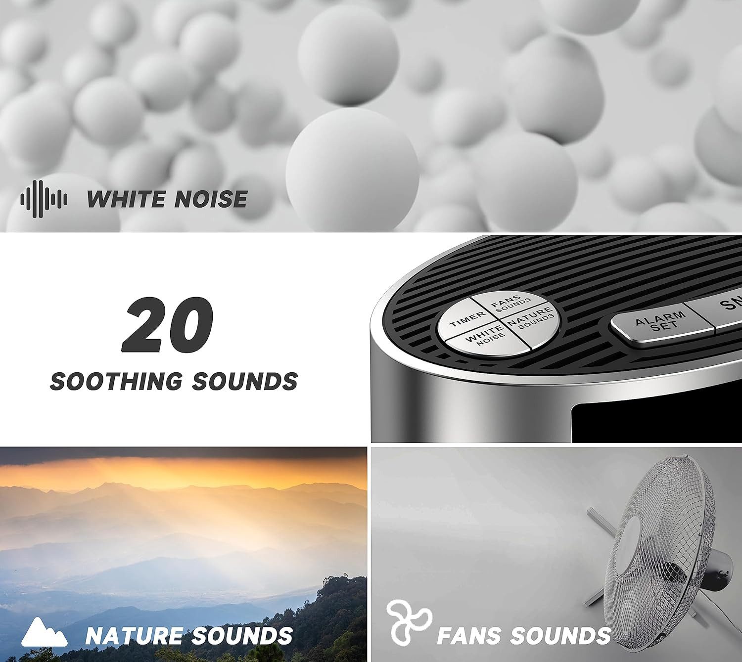 iTOMA Wecker White Noise Soundmaschine mit Wecker, 20 Sounds, Vibration & Snooze 20 Sounds, Wecker mit Vibration, Memory-Funktion, Timer 30–120 Min