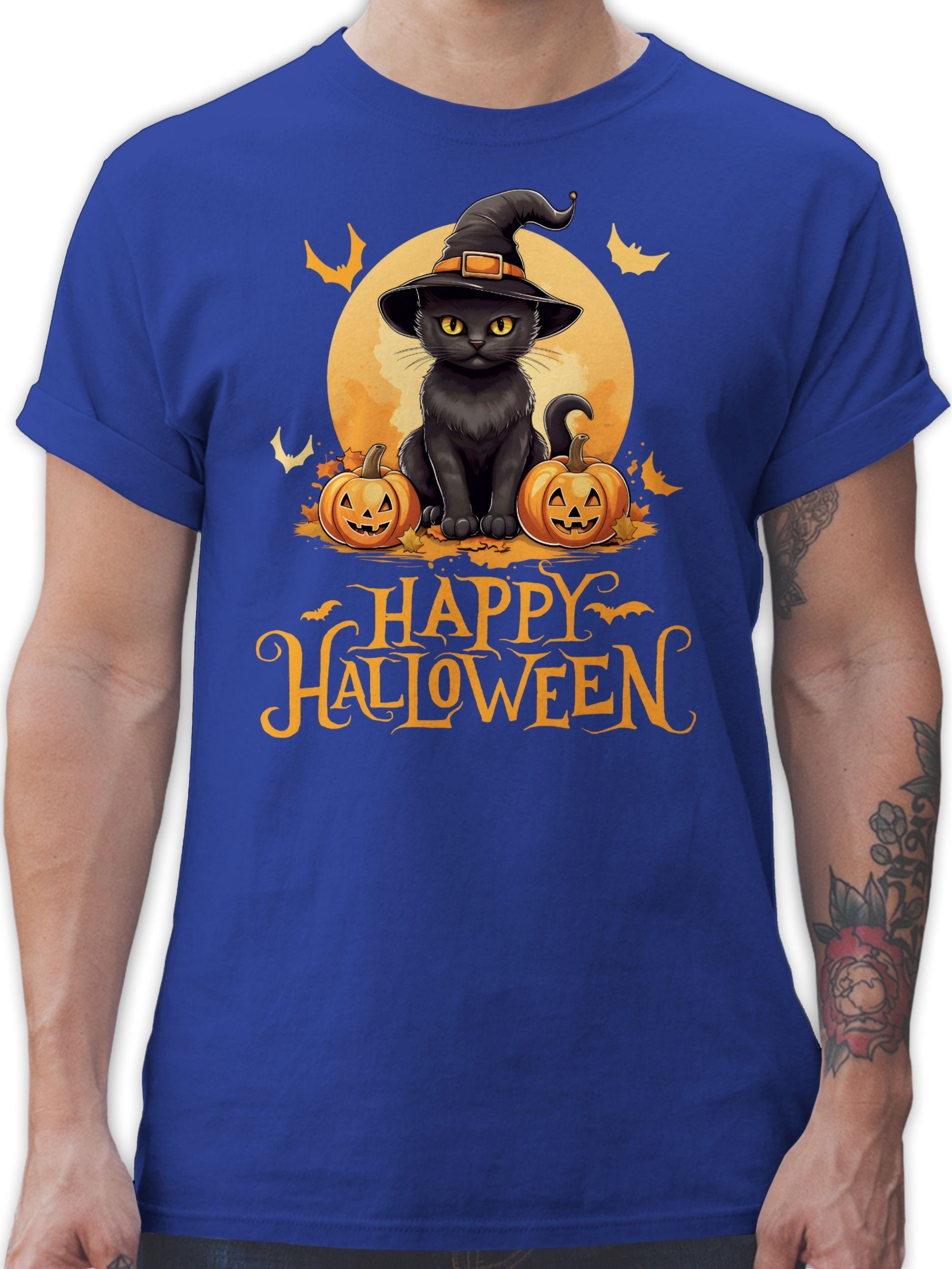 Shirtracer T-Shirt Happy Halloween Katze Hexenhut Lustig Katzenliebhaber Cat Halloween Kostüme Herren 02 Royalblau