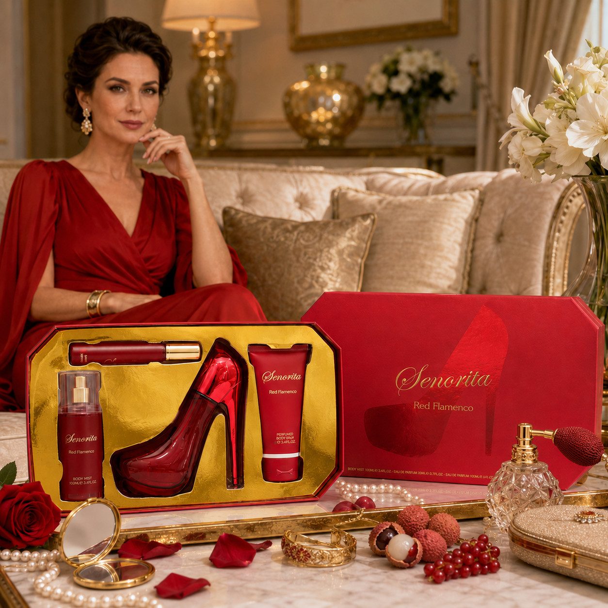 Fine Perfumery London Pflege-Geschenkset Senorita Red Flamenco 4-tlg. Damen Geschenkset Hergestellt in UK, 4-tlg., Angenehmer Duft, perfekt als Geschenk, attraktive Verpackung