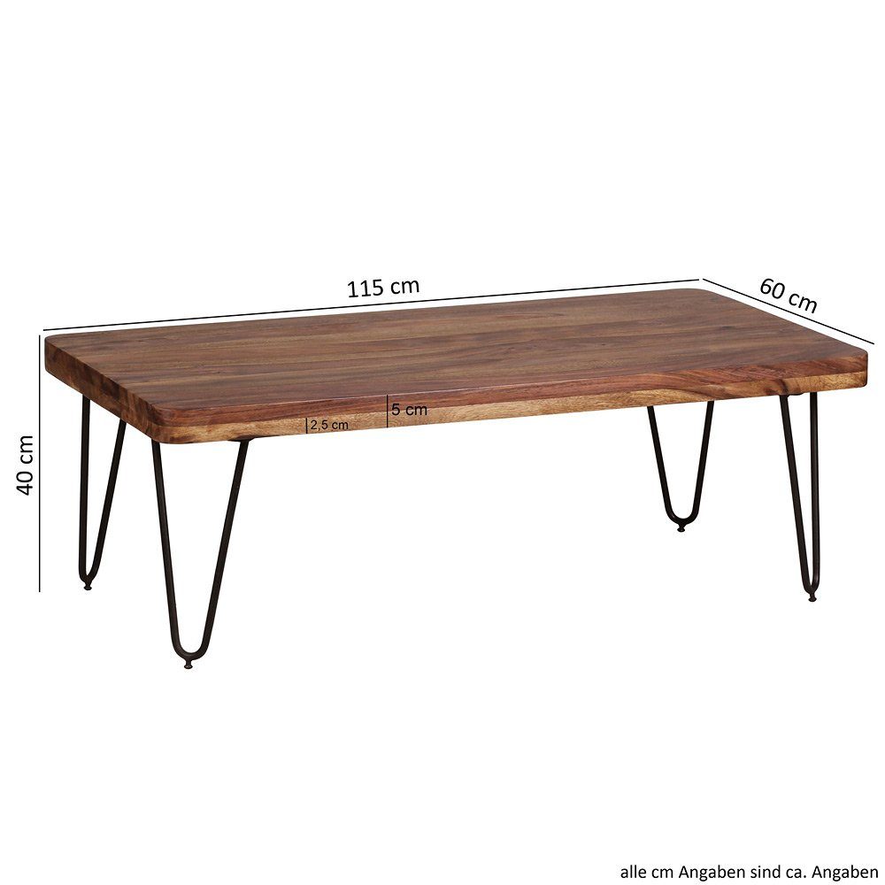 Metallbeine, cm Lomadox Couchtisch, Sheesham braun, Massivholz, 115/40/60 Landhaus-Stil,