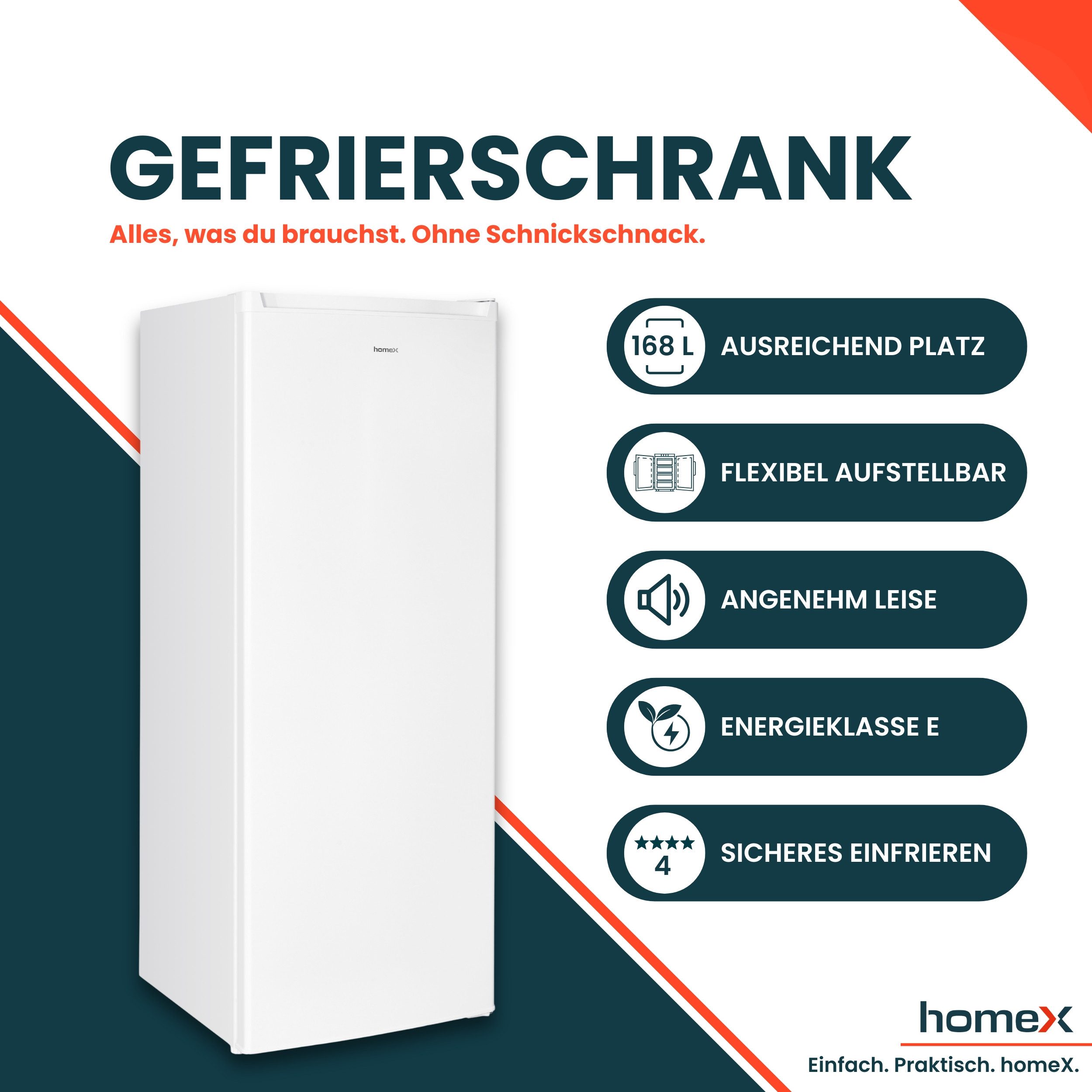 homeX Gefrierschrank FS1682E-W, 142.5 cm hoch, 54.5 cm breit, 168 Liter, Tiefkühlschrank groß, Freezer, 4-Sterne Gefrieren, leise