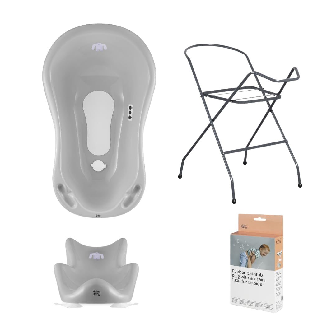 Thumbnail - Hylat Baby Babybadewanne Babywanne, Sitz, Ständer, Abfluss – Grau, (4-teiliges SET)