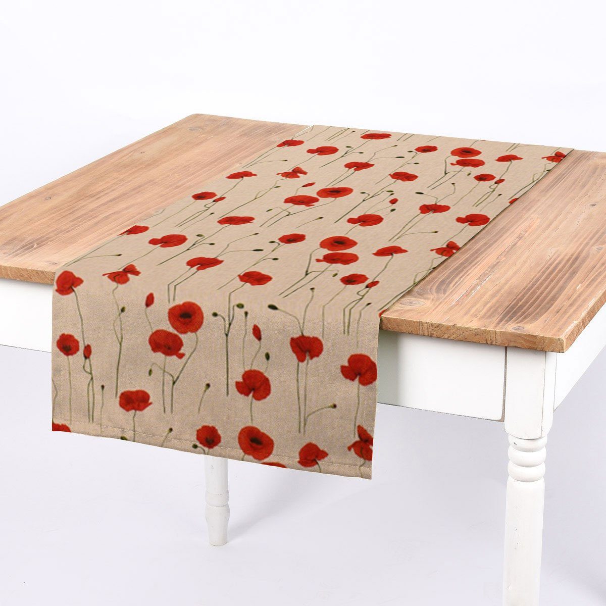 SCHÖNER LEBEN. Tischläufer rot, handmade SCHÖNER Poppy LEBEN. Tischläufer Field natur Mohnblumen