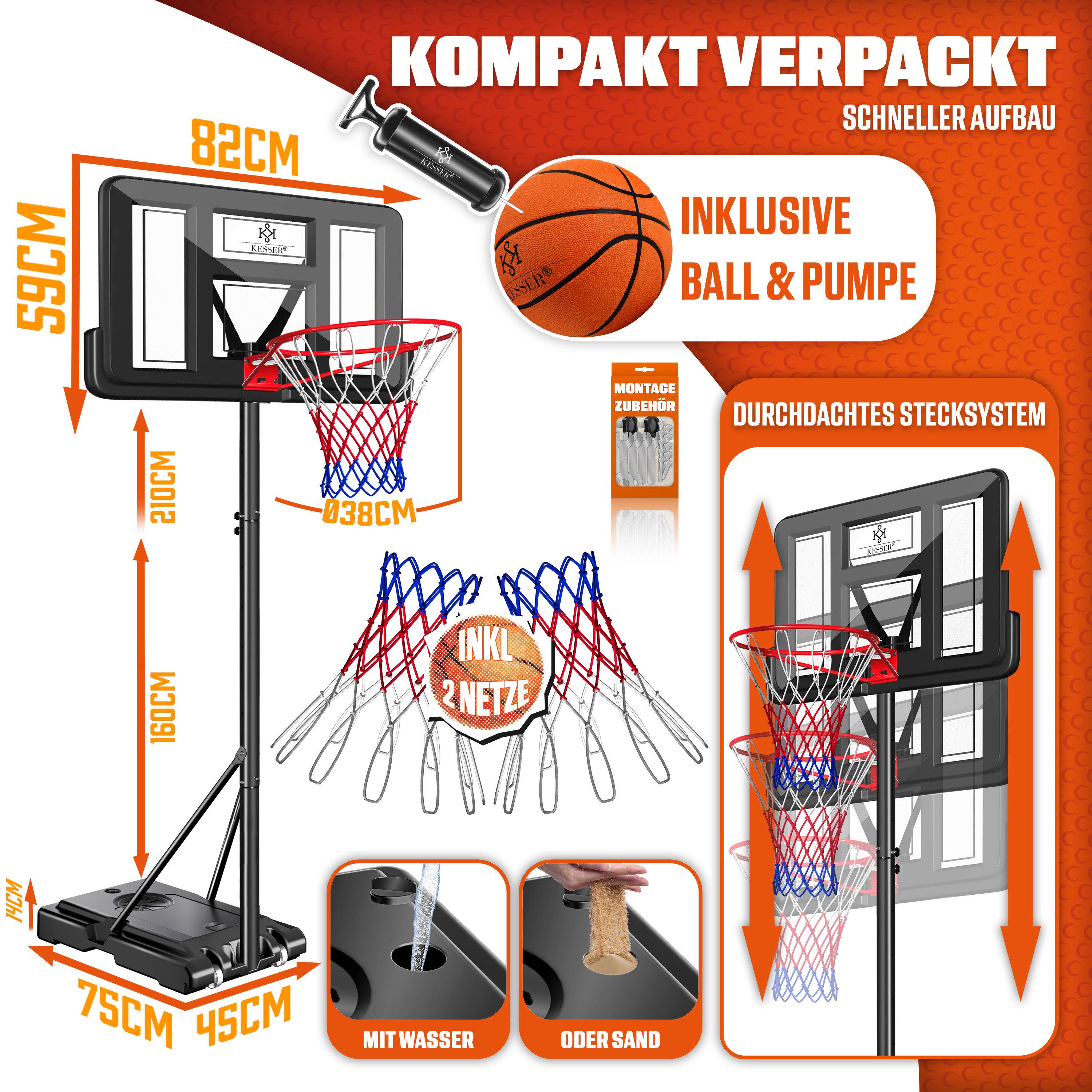 KESSER Basketballkorb 160-210cm Basketballständer Set mit Basketball, Pumpe & 2 Ersatznetzen, In- & Outdoor Basketballanlage mit Rollen für Kinder & Erwachsene