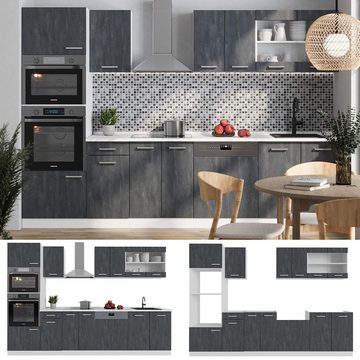 Livinity® Küchenzeile R-Line, Schwarz Beton/Weiß, 300 cm AP Anthrazit