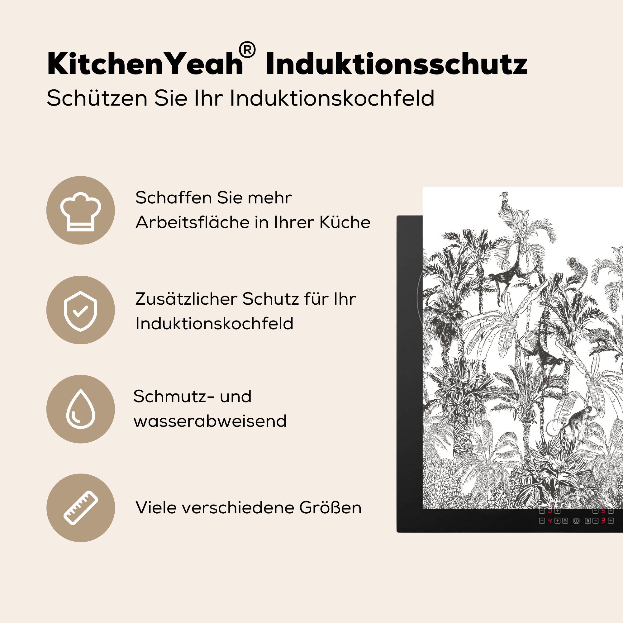 Schwarz - tlg), küche Dschungel für Herdblende-/Abdeckplatte Weiß, Arbeitsplatte - Vinyl, Tiere MuchoWow 78x78 Ceranfeldabdeckung, (1 - cm,
