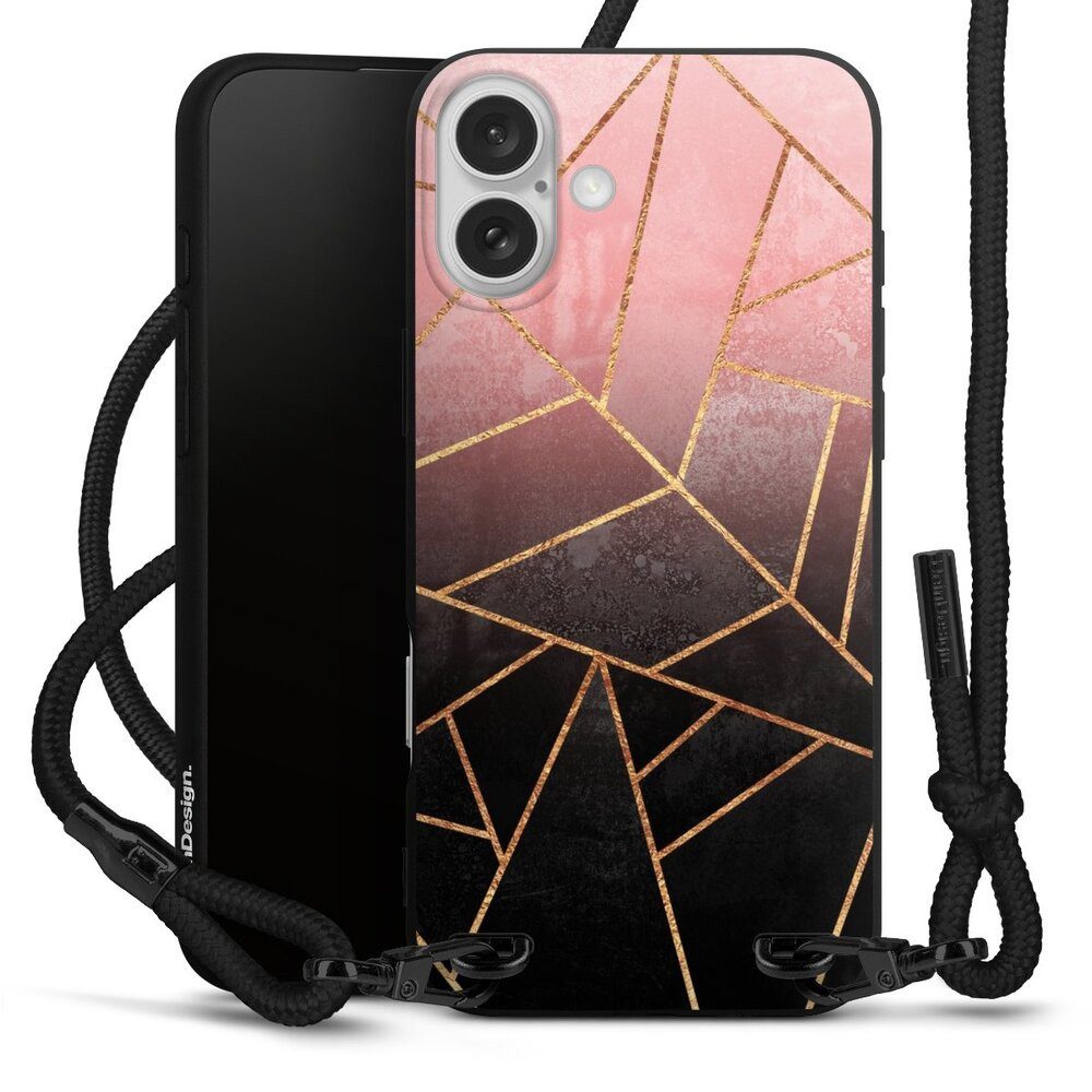 DeinDesign Handyhülle Farbverlauf Geometric Gold & Kupfer Pink And Black Stone Gold Print, Apple iPhone 16 Plus Premium Handykette Hülle mit Band Cover mit Kette